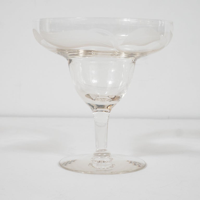 Art Deco Translucent Footed Glass Dessert Bowls with Frosted Foliate