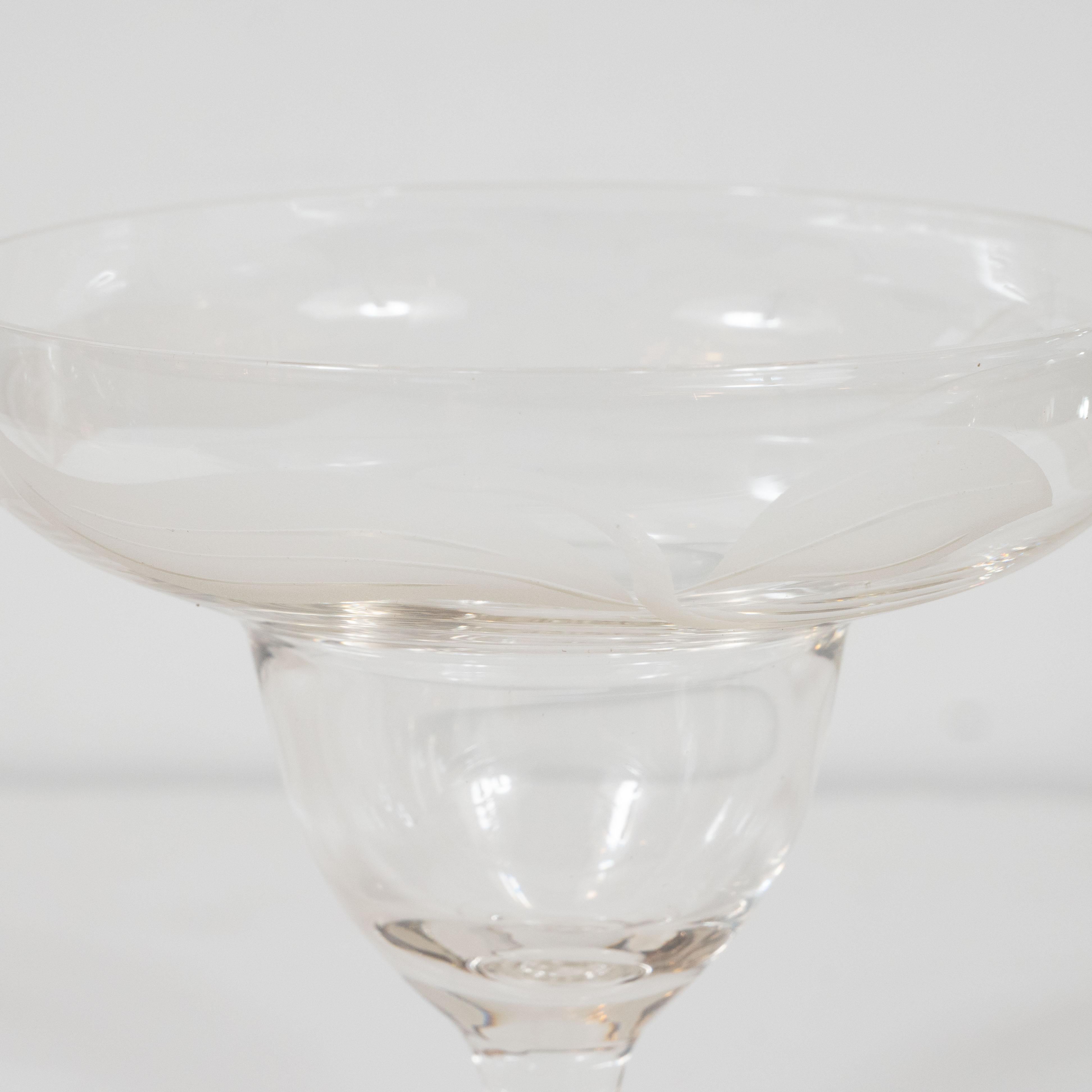 American Art Deco Translucent Footed Glass Dessert Bowls with Frosted Foliate Detailing For Sale