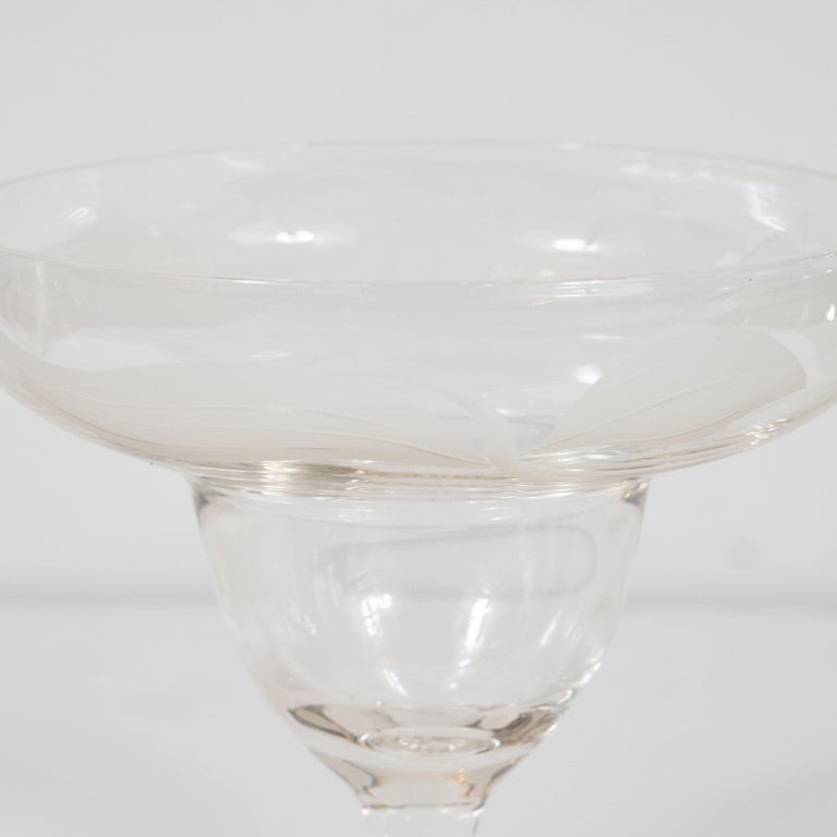 Art Deco Translucent Footed Glass Dessert Bowls with Frosted Foliate