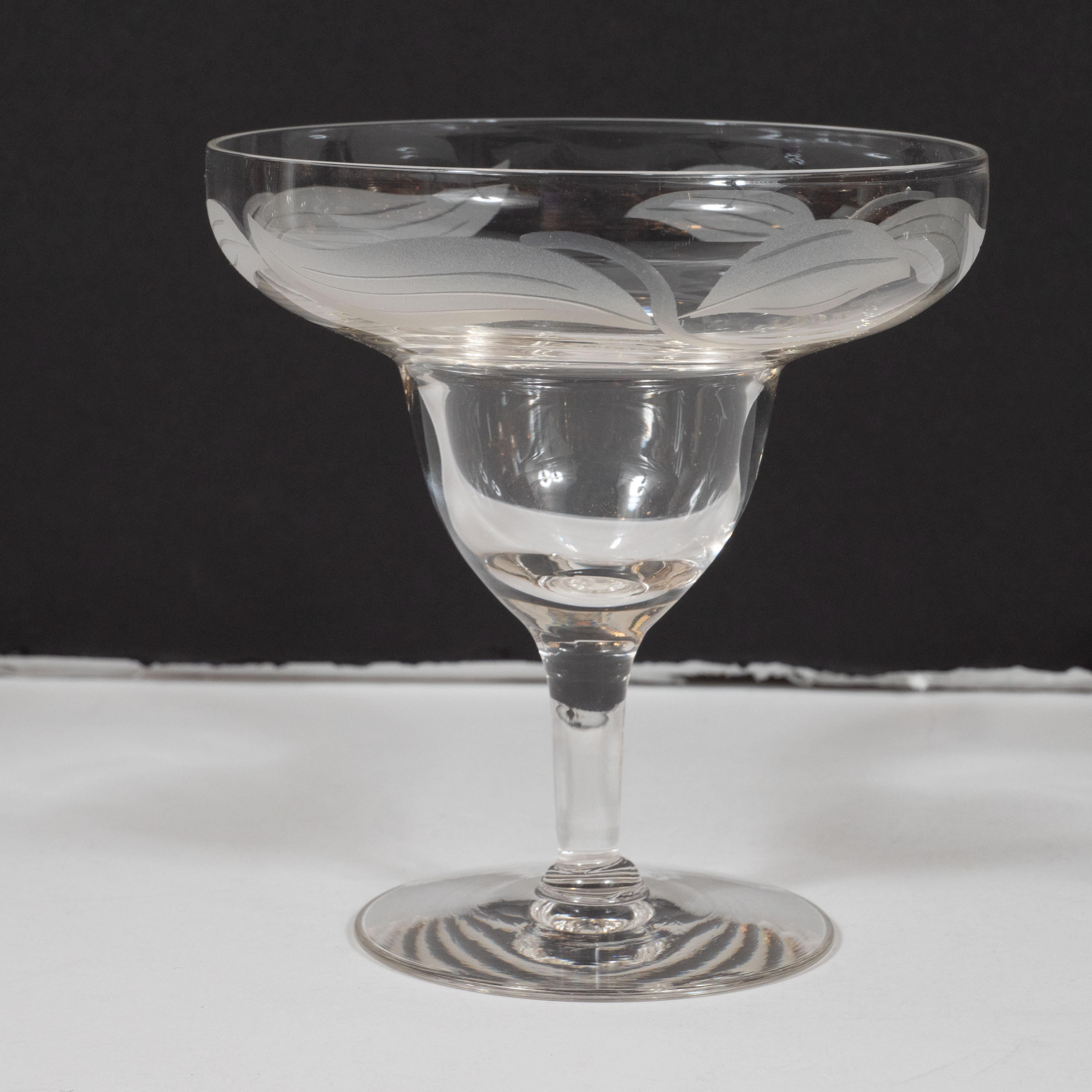 Mid-20th Century Art Deco Translucent Footed Glass Dessert Bowls with Frosted Foliate Detailing For Sale