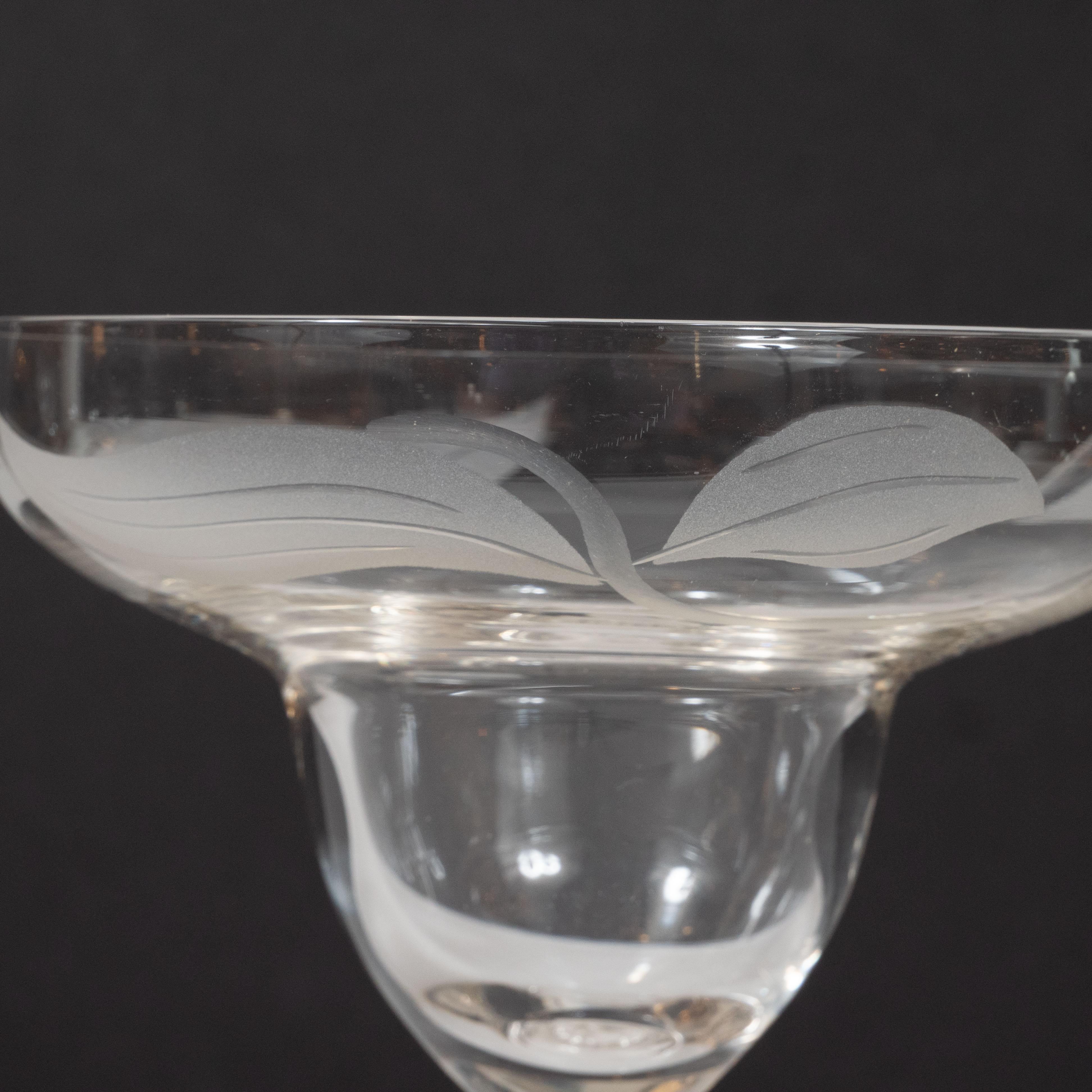 Art Deco Translucent Footed Glass Dessert Bowls with Frosted Foliate Detailing For Sale 1