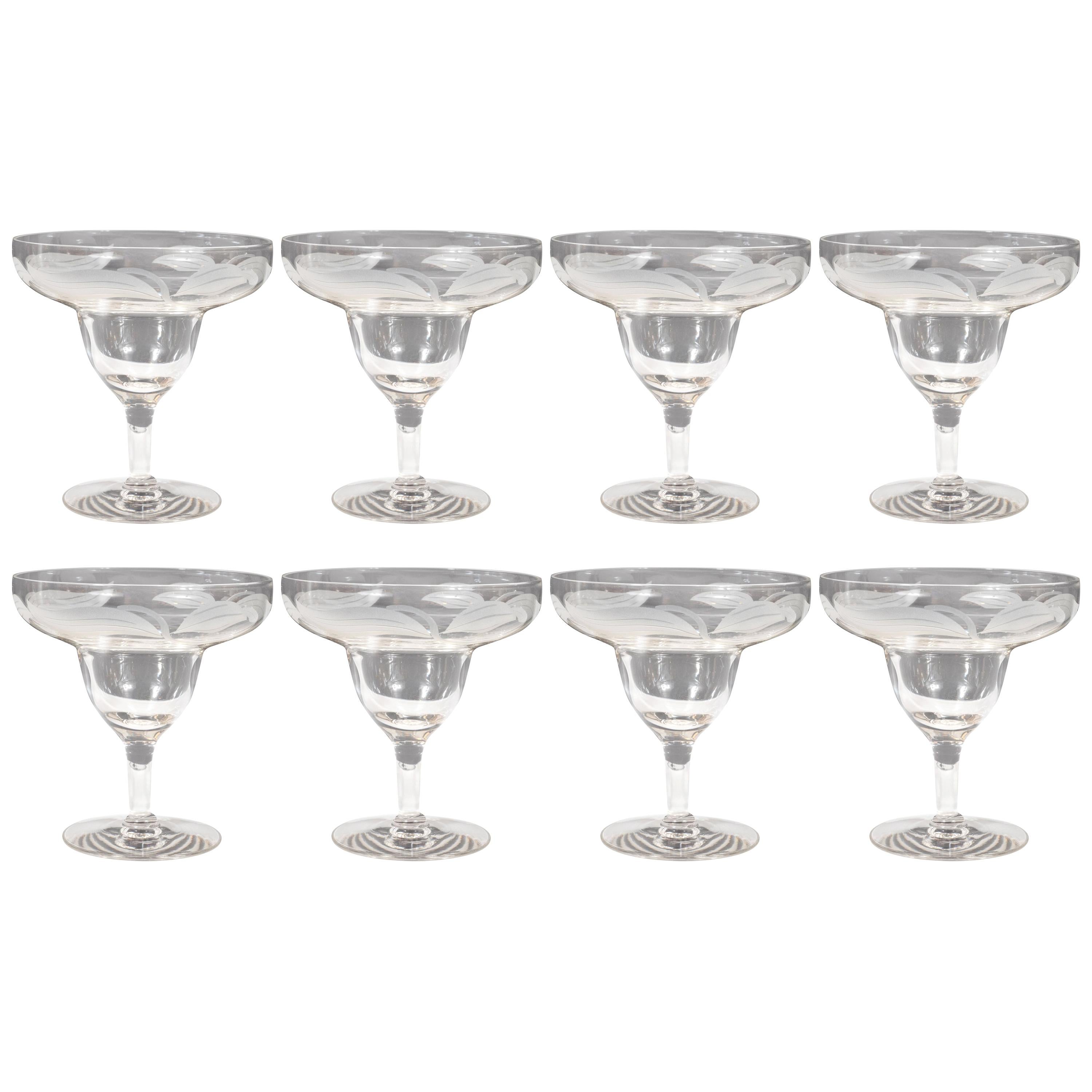 Art Deco Translucent Footed Glass Dessert Bowls with Frosted Foliate Detailing