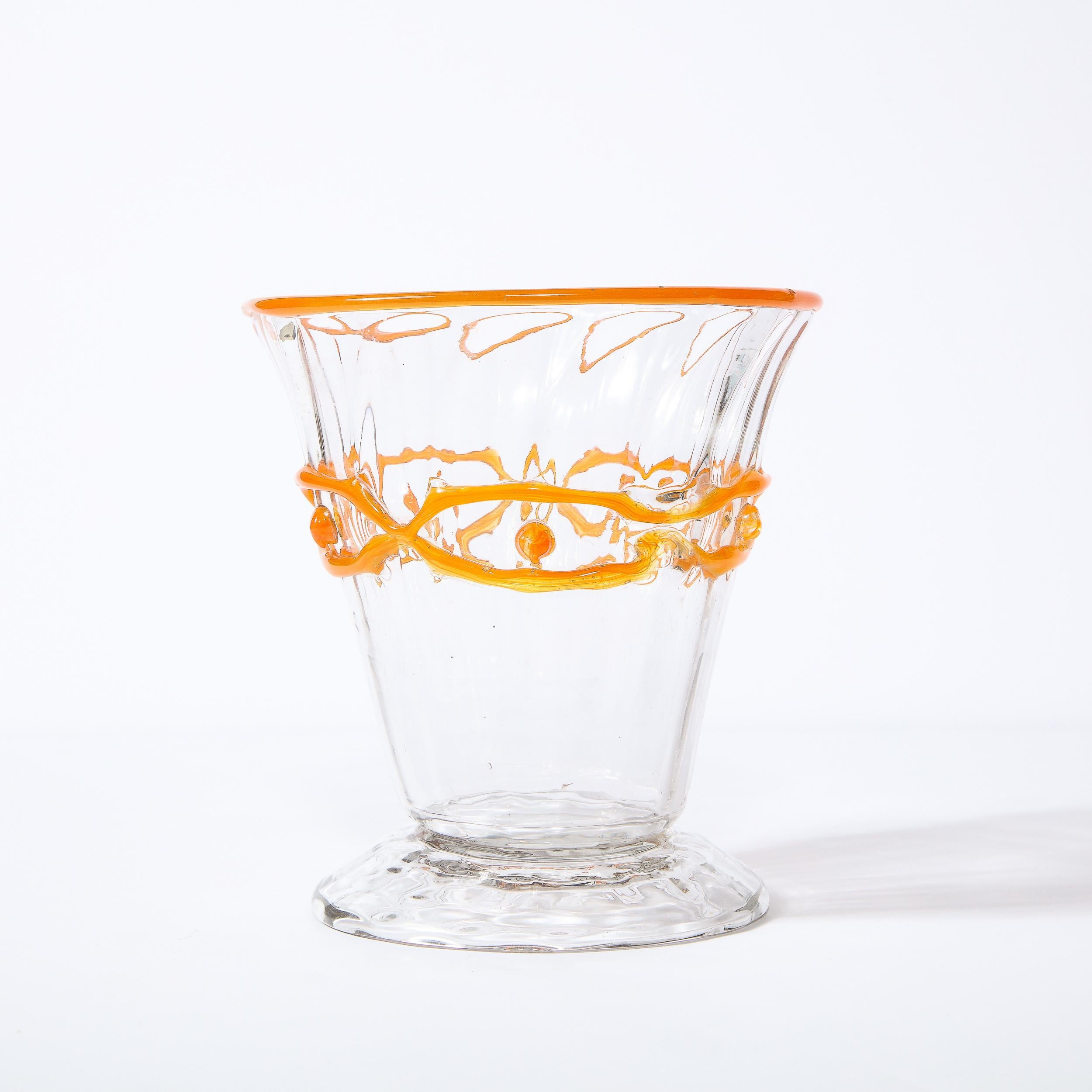 French Art Deco Translucent Glass Vase w/ Tangerine Accents in Relief Signed Daum Nancy