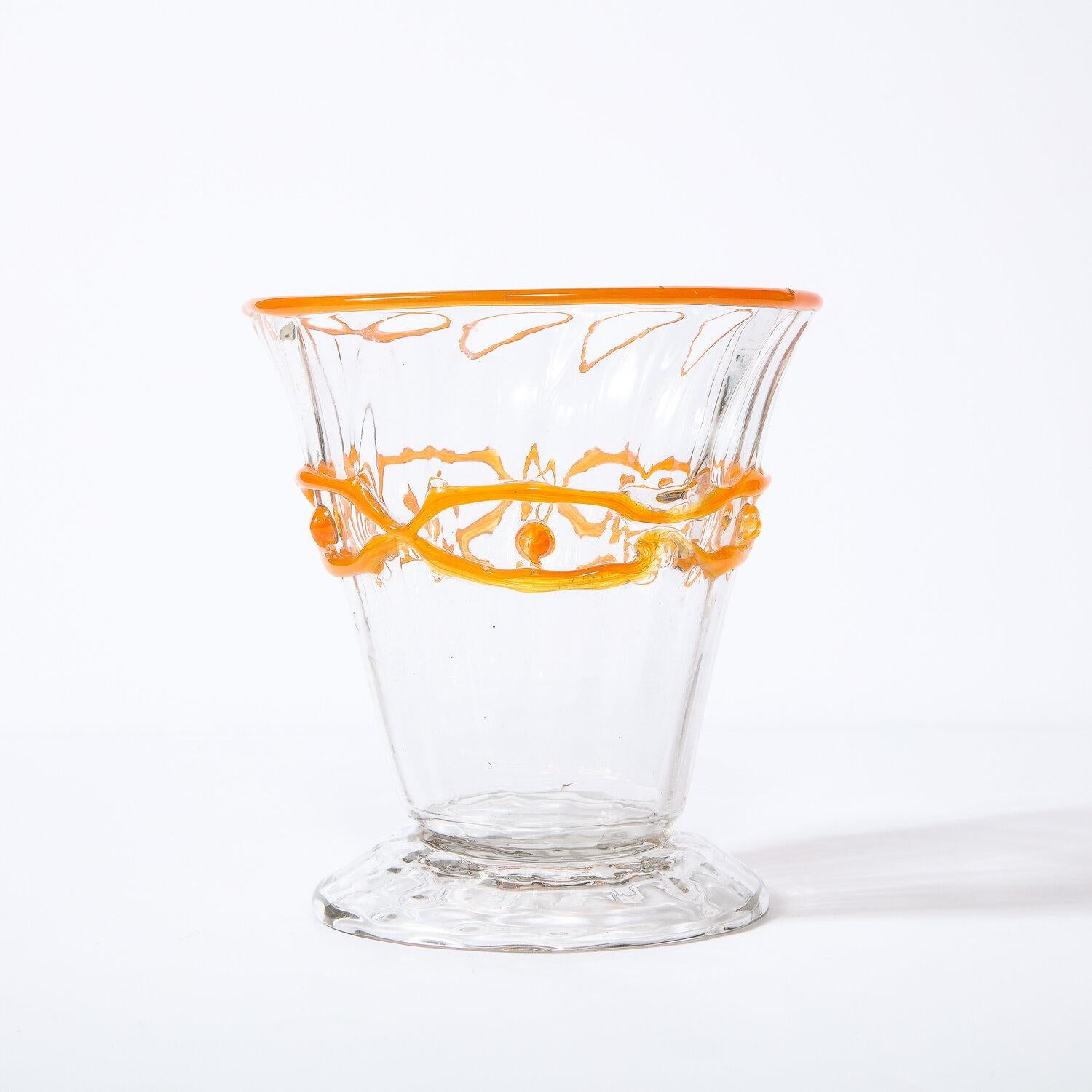 French Art Deco Translucent Glass Vase w/ Tangerine Accents in Relief Signed Daum Nancy