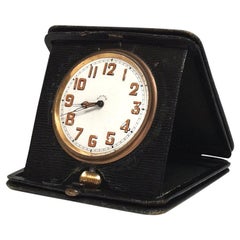 Used Art Deco Travel Clock in Green Leather from England