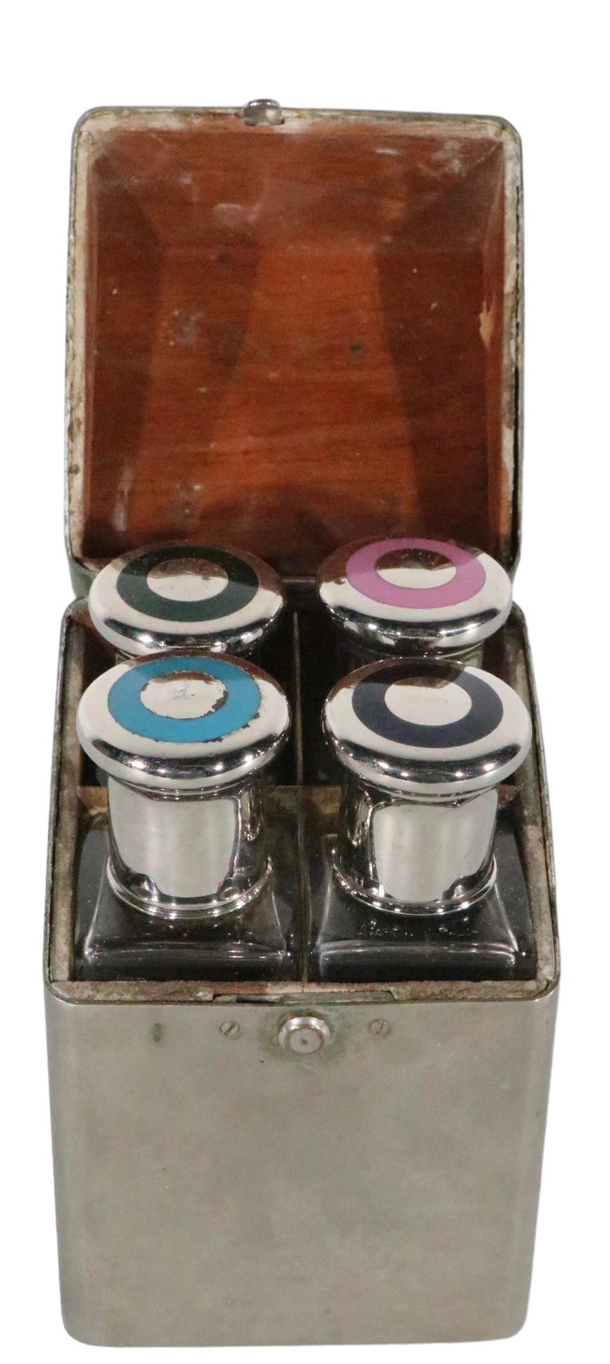 Art Deco Travel Toilet Water Perfume Bottle Caddy with Original Bottles c 1930s In Good Condition For Sale In New York, NY