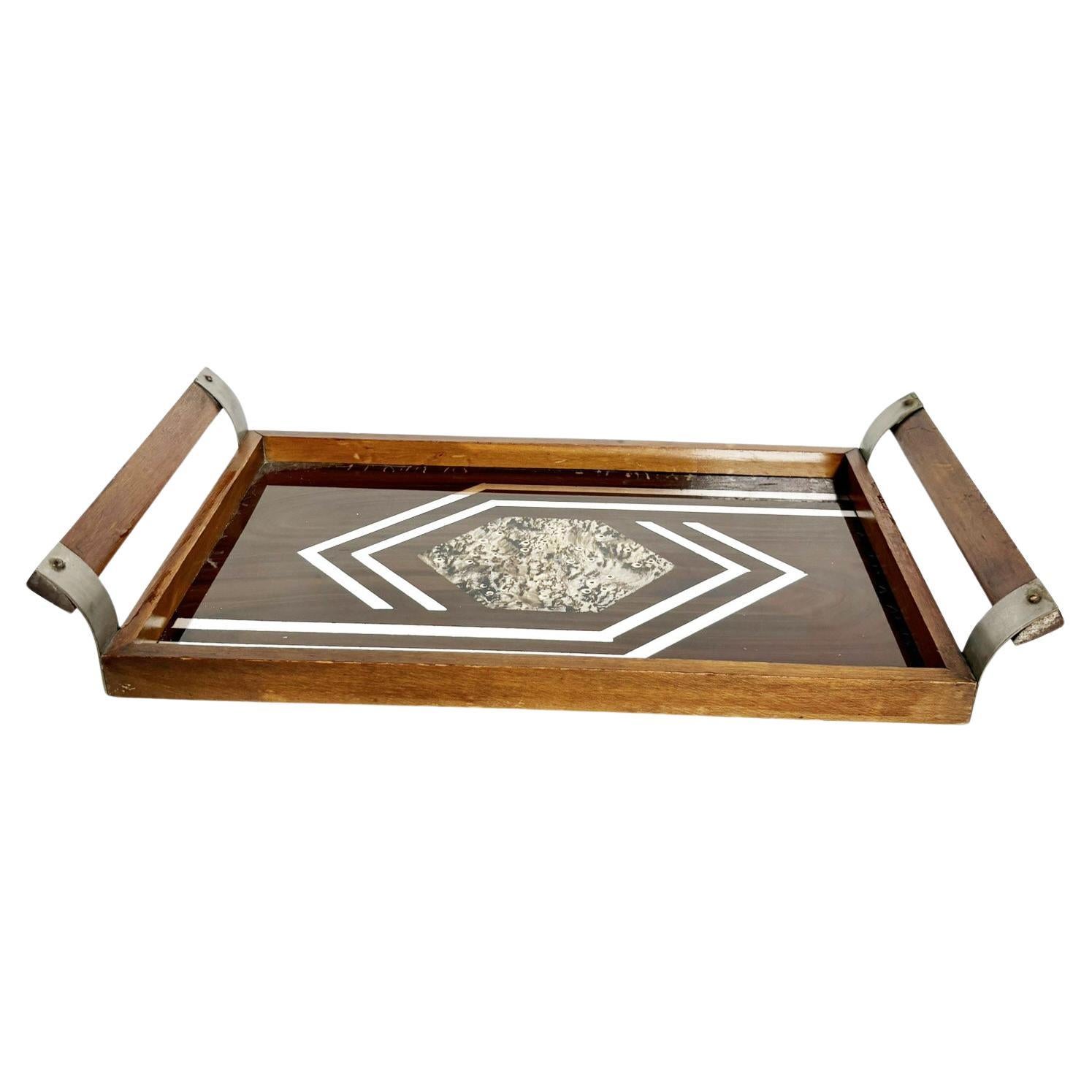 Art Deco tray, 1940s, France, made of wood and glass For Sale