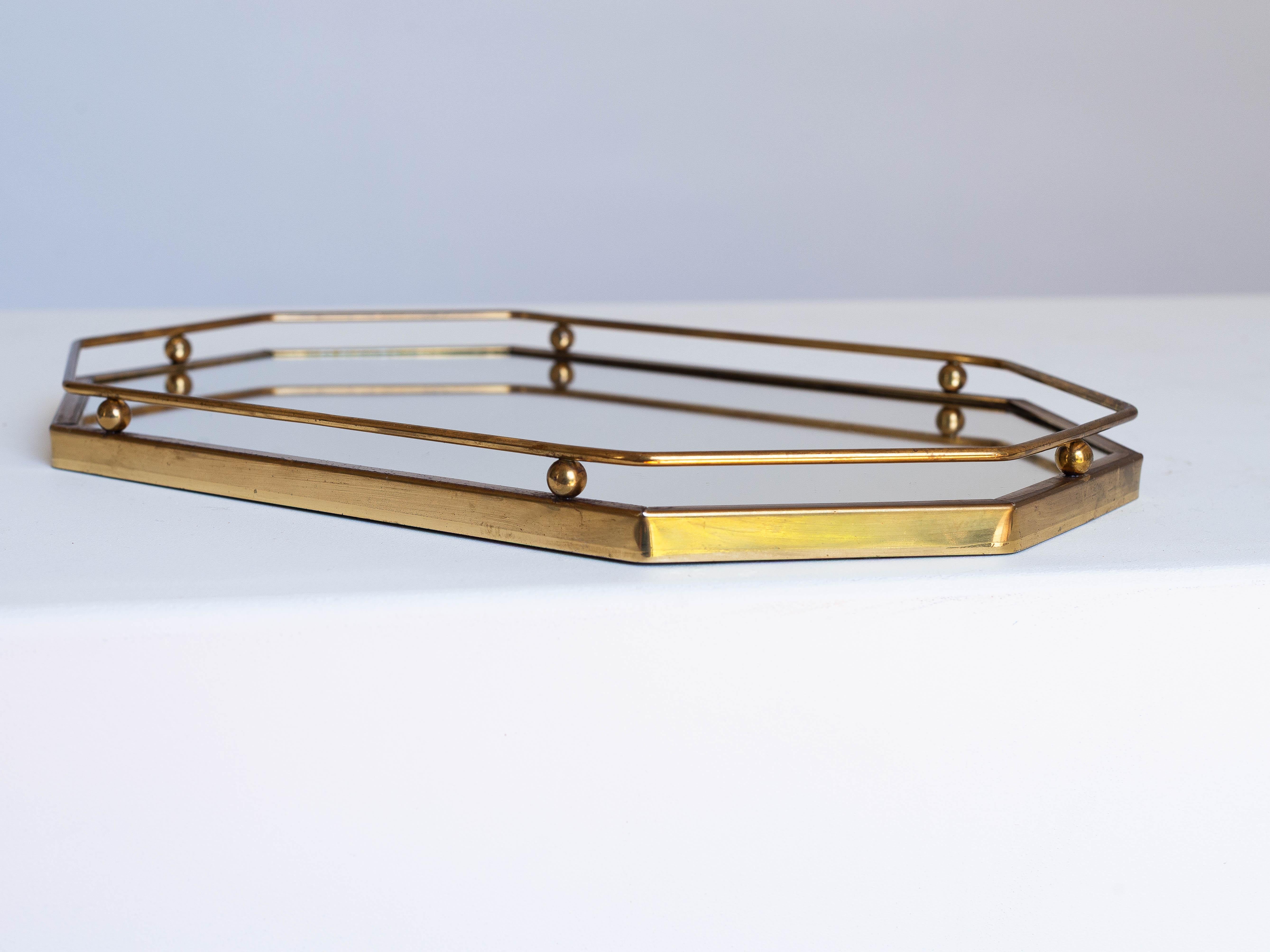 Art déco Plateau Art Deco, laiton et verre miroir, 1940s French Mid Century Modern en vente