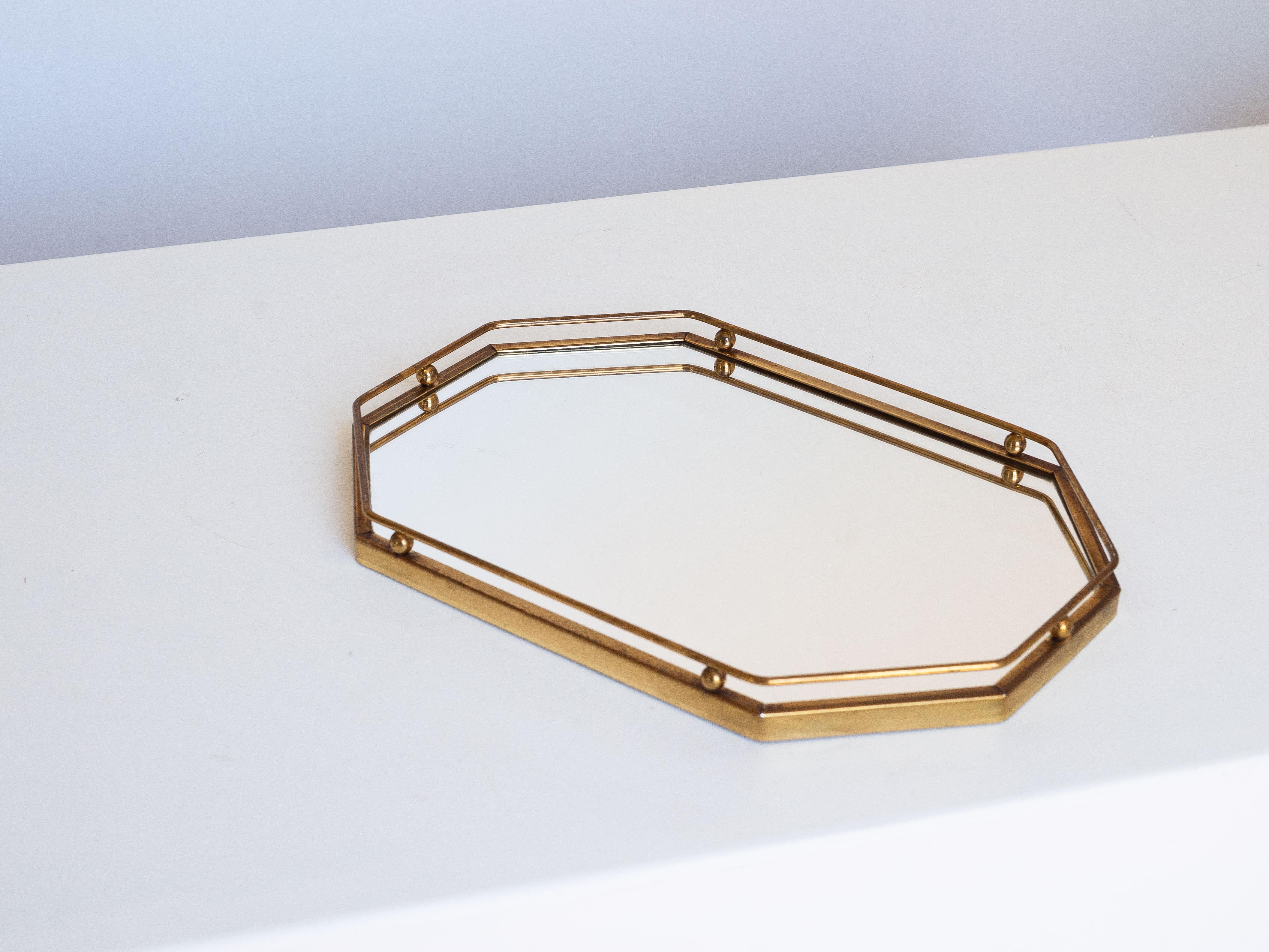 Plateau Art Deco, laiton et verre miroir, 1940s French Mid Century Modern Bon état - En vente à ROUEN, Normandie