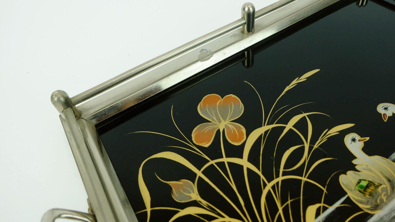Art Deco Art Déco Tray Glass Metal Swan Motif, 1920s 30s