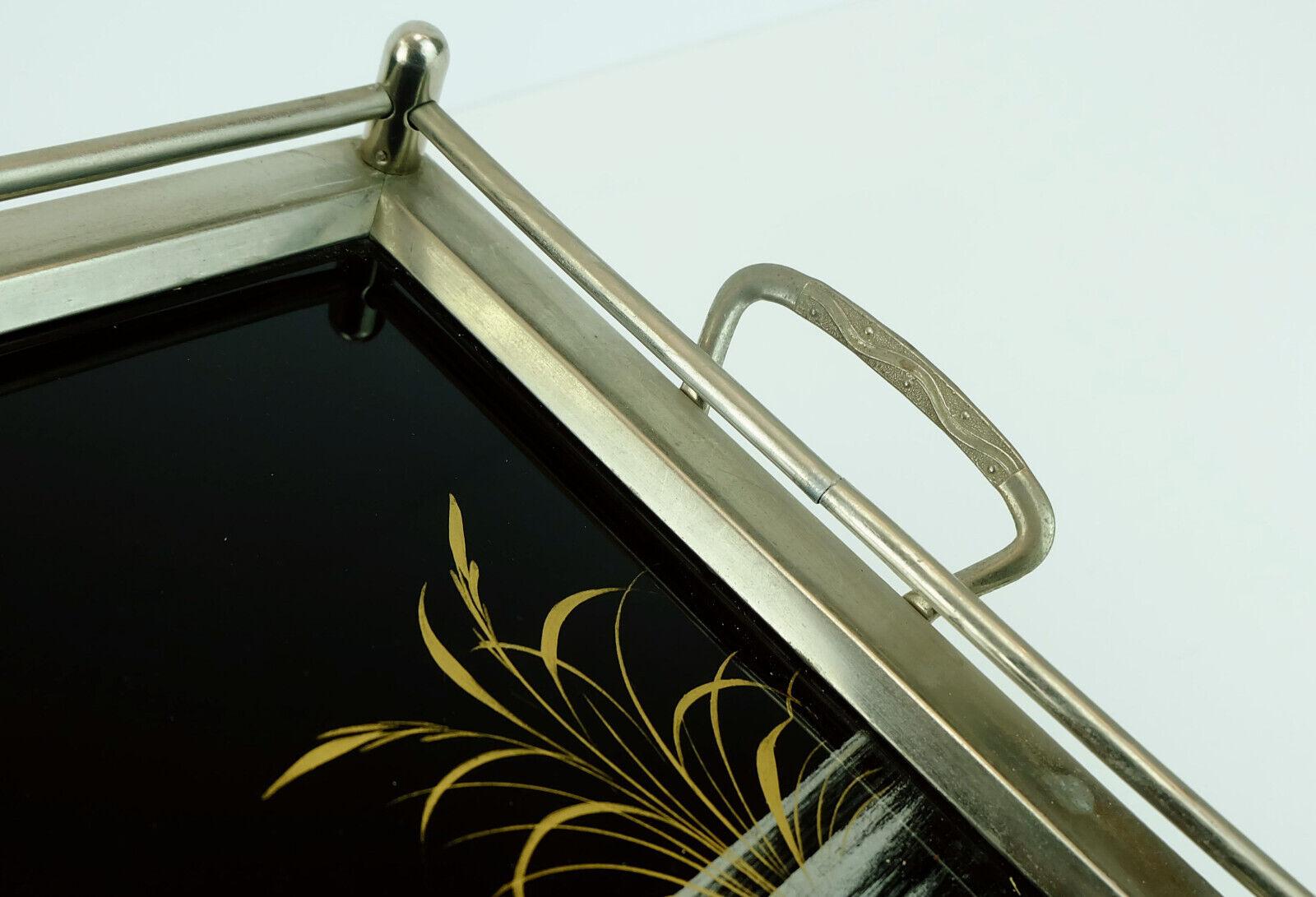 German Art Déco Tray Glass Metal Swan Motif, 1920s 30s