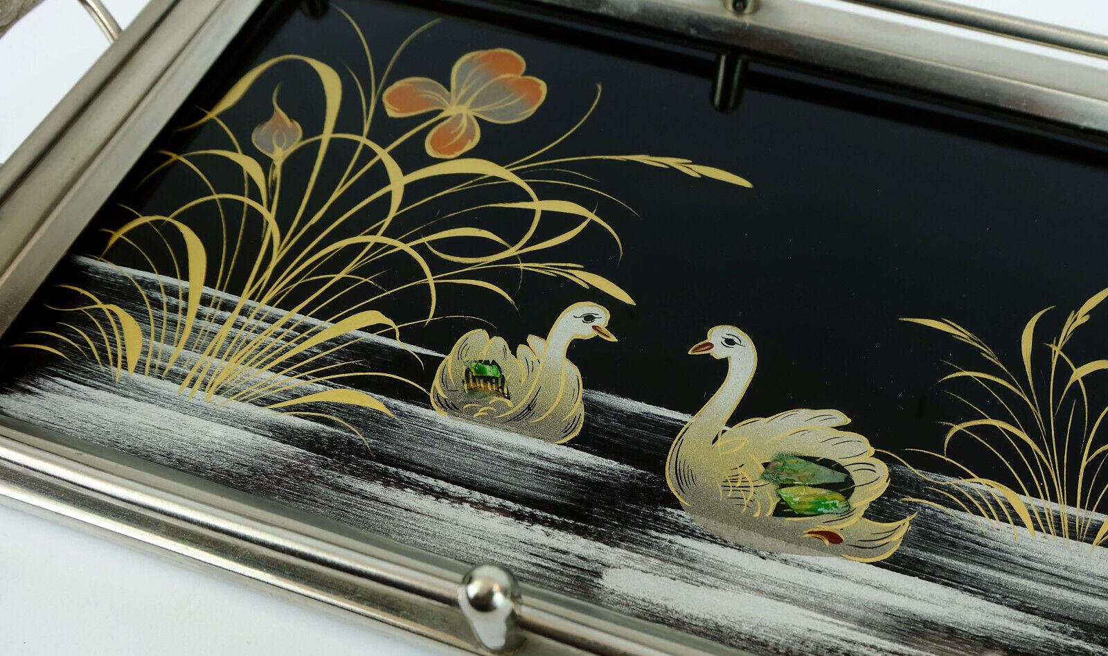 Art Déco Tray Glass Metal Swan Motif, 1920s 30s In Good Condition In Mannheim, DE