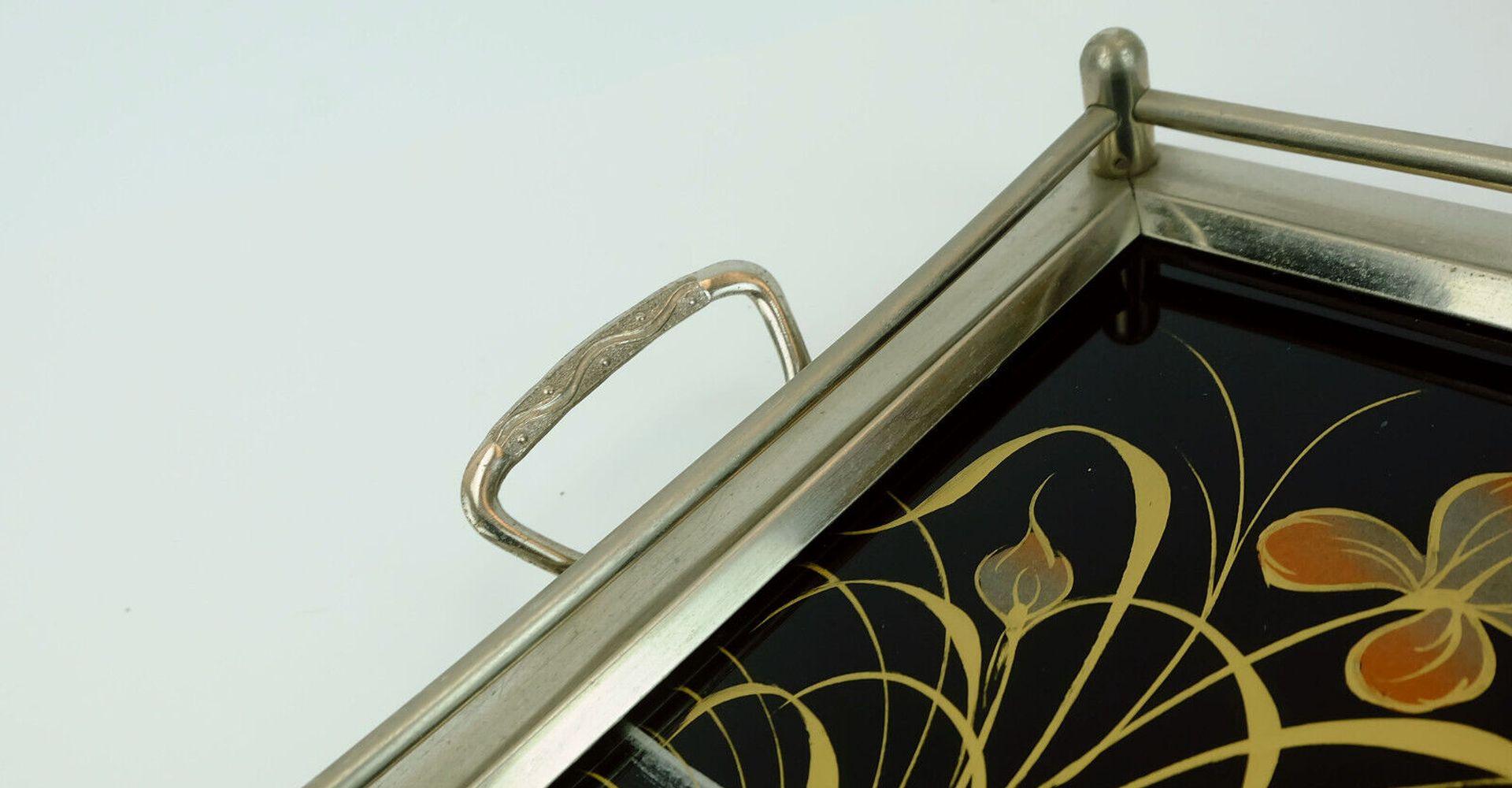 Mid-20th Century Art Déco Tray Glass Metal Swan Motif, 1920s 30s