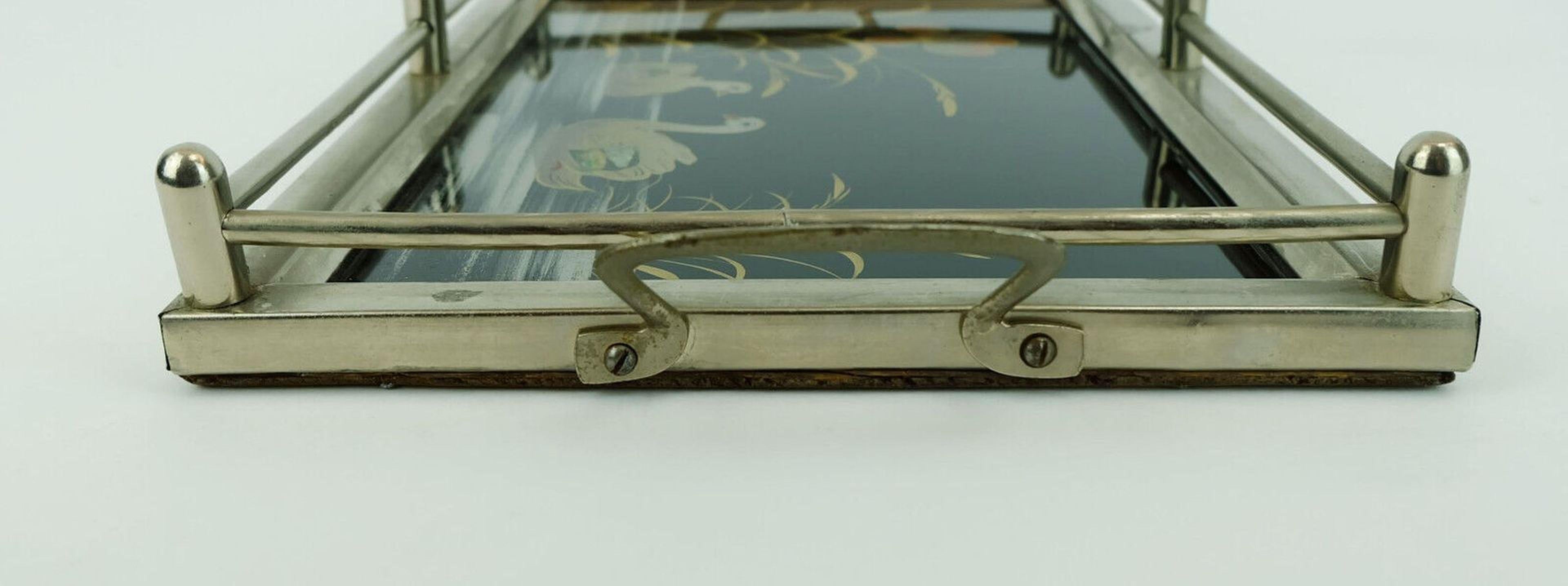 Art Déco Tray Glass Metal Swan Motif, 1920s 30s 1