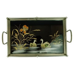 Vintage Art Déco Tray Glass Metal Swan Motif, 1920s 30s