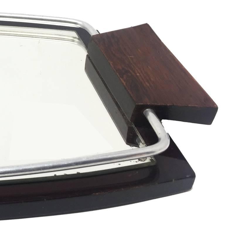 French Art Deco Tray in Mirror and Wood, 1925