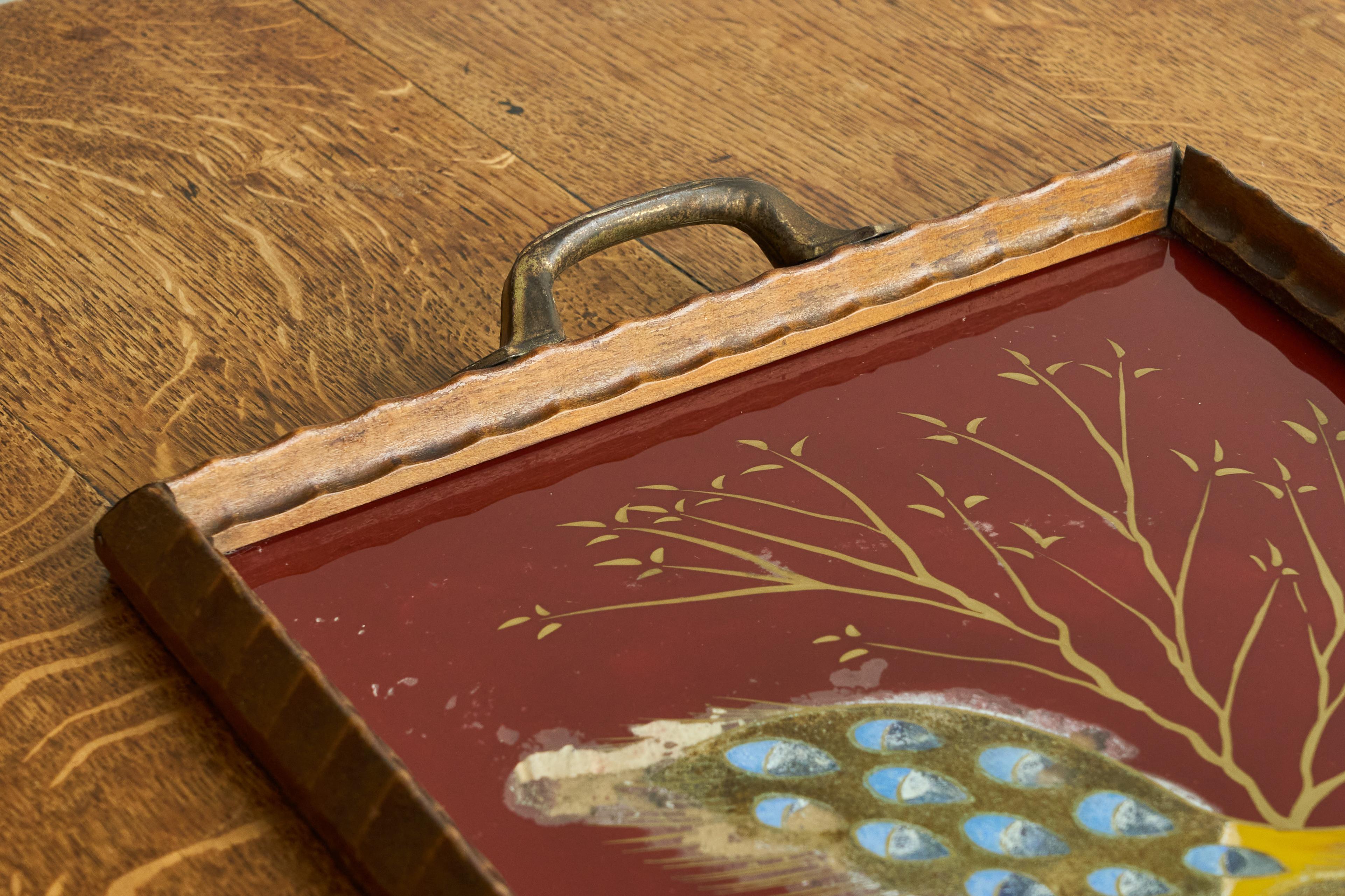 Art Deco Tray in Verre Églomisé, Wood and Brass with Peacock For Sale 4