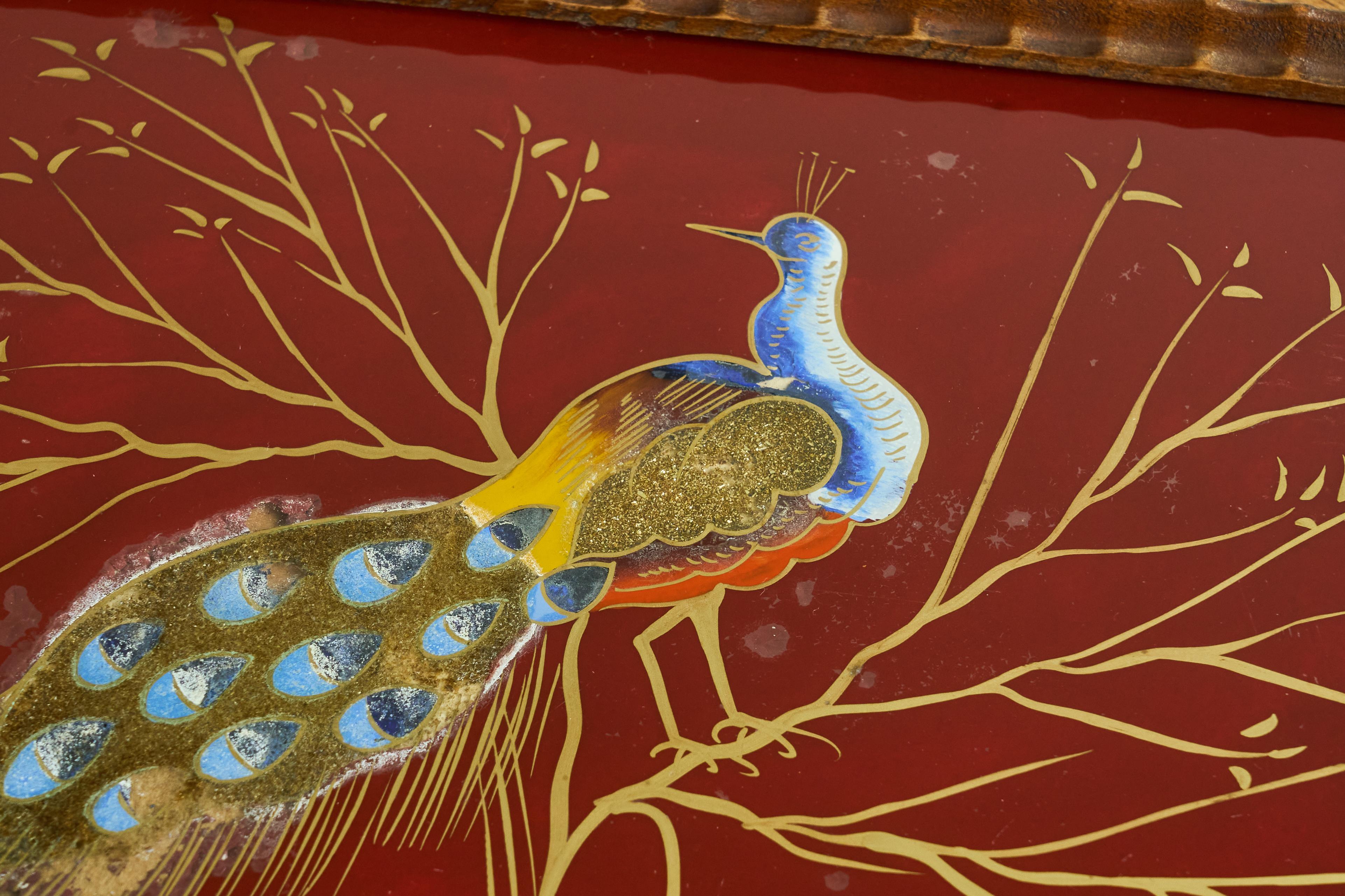 European Art Deco Tray in Verre Églomisé, Wood and Brass with Peacock For Sale
