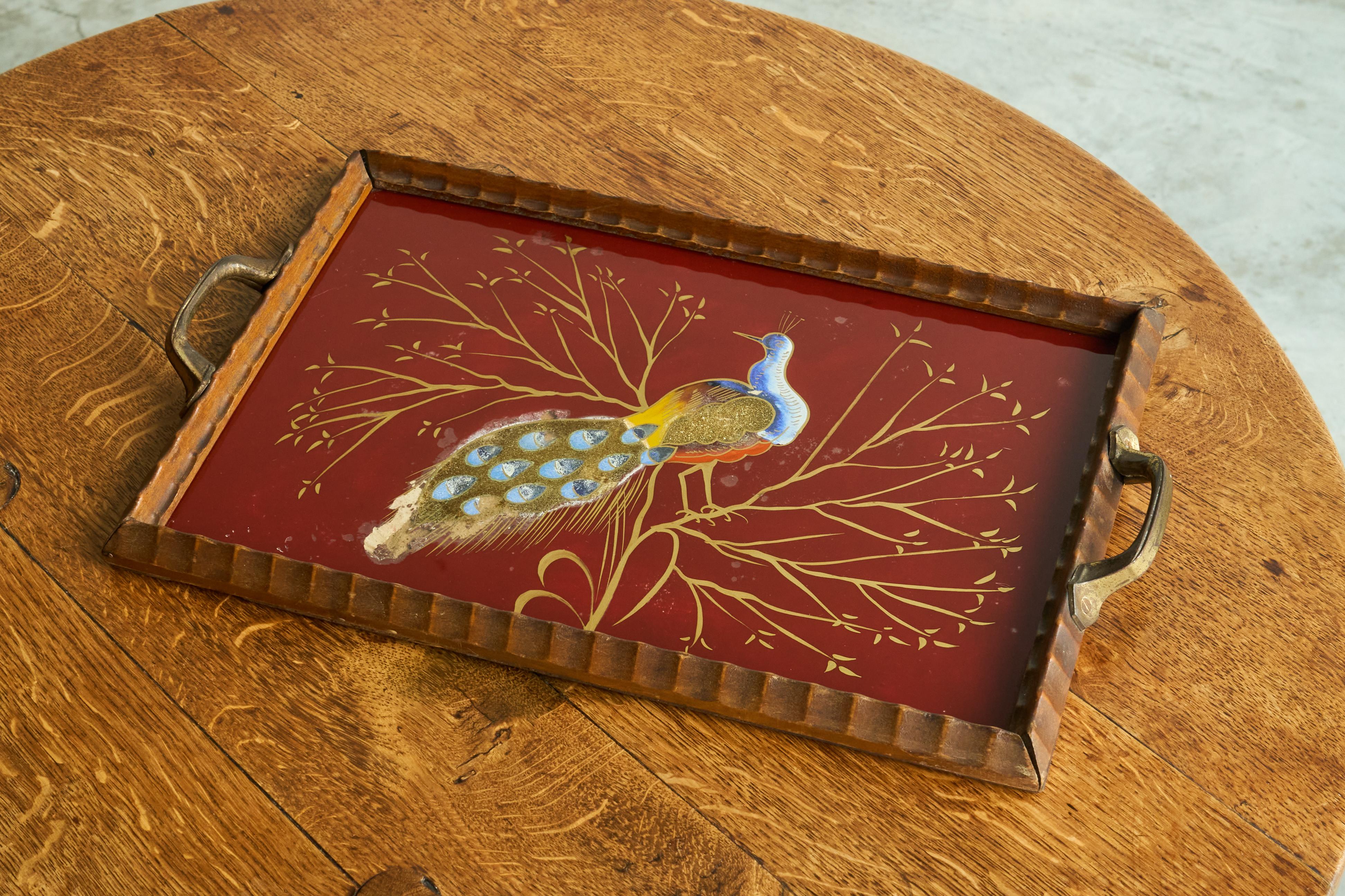 Hand-Crafted Art Deco Tray in Verre Églomisé, Wood and Brass with Peacock For Sale