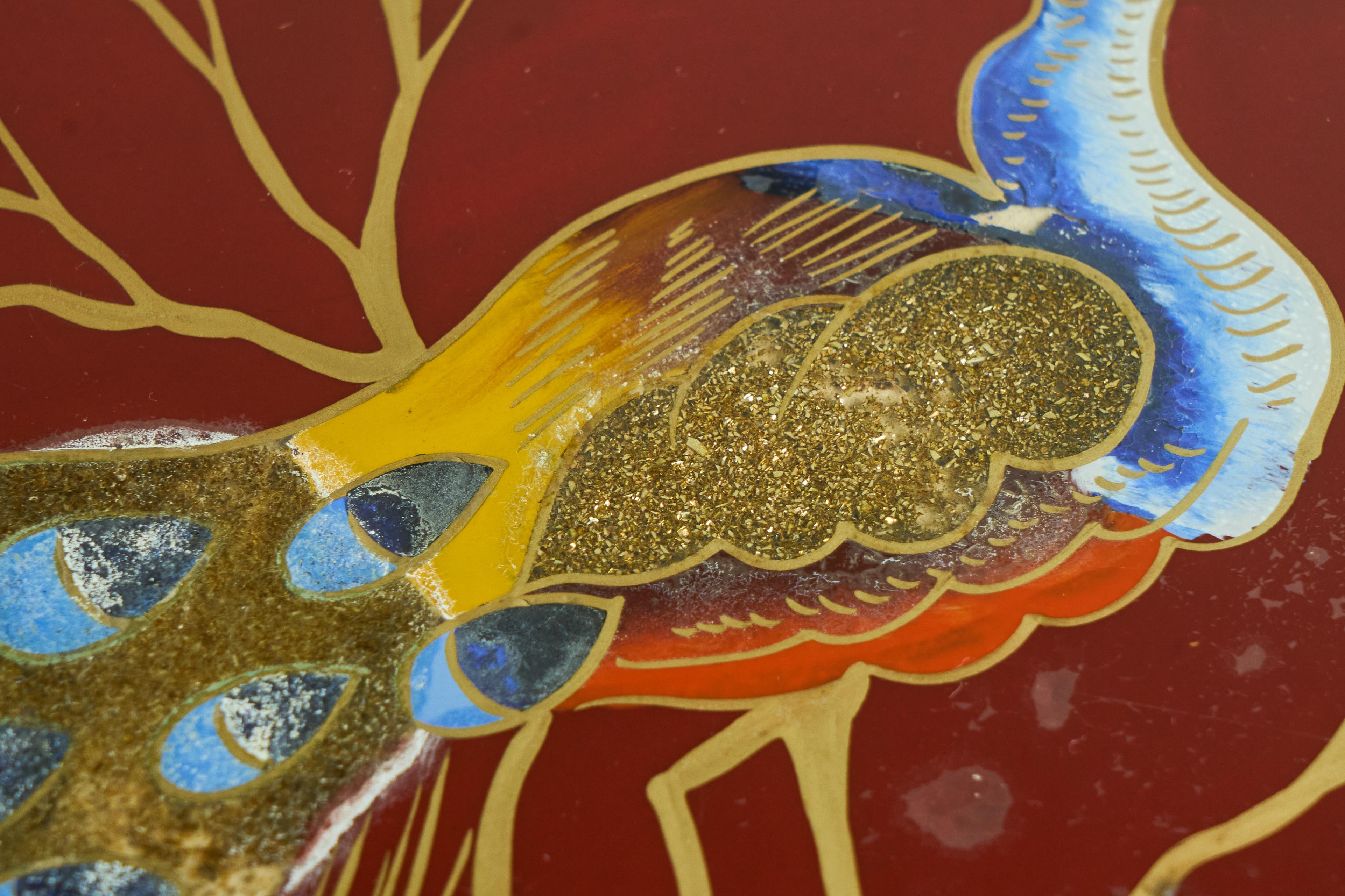 Art Deco Tray in Verre Églomisé, Wood and Brass with Peacock In Good Condition For Sale In Meer, VAN