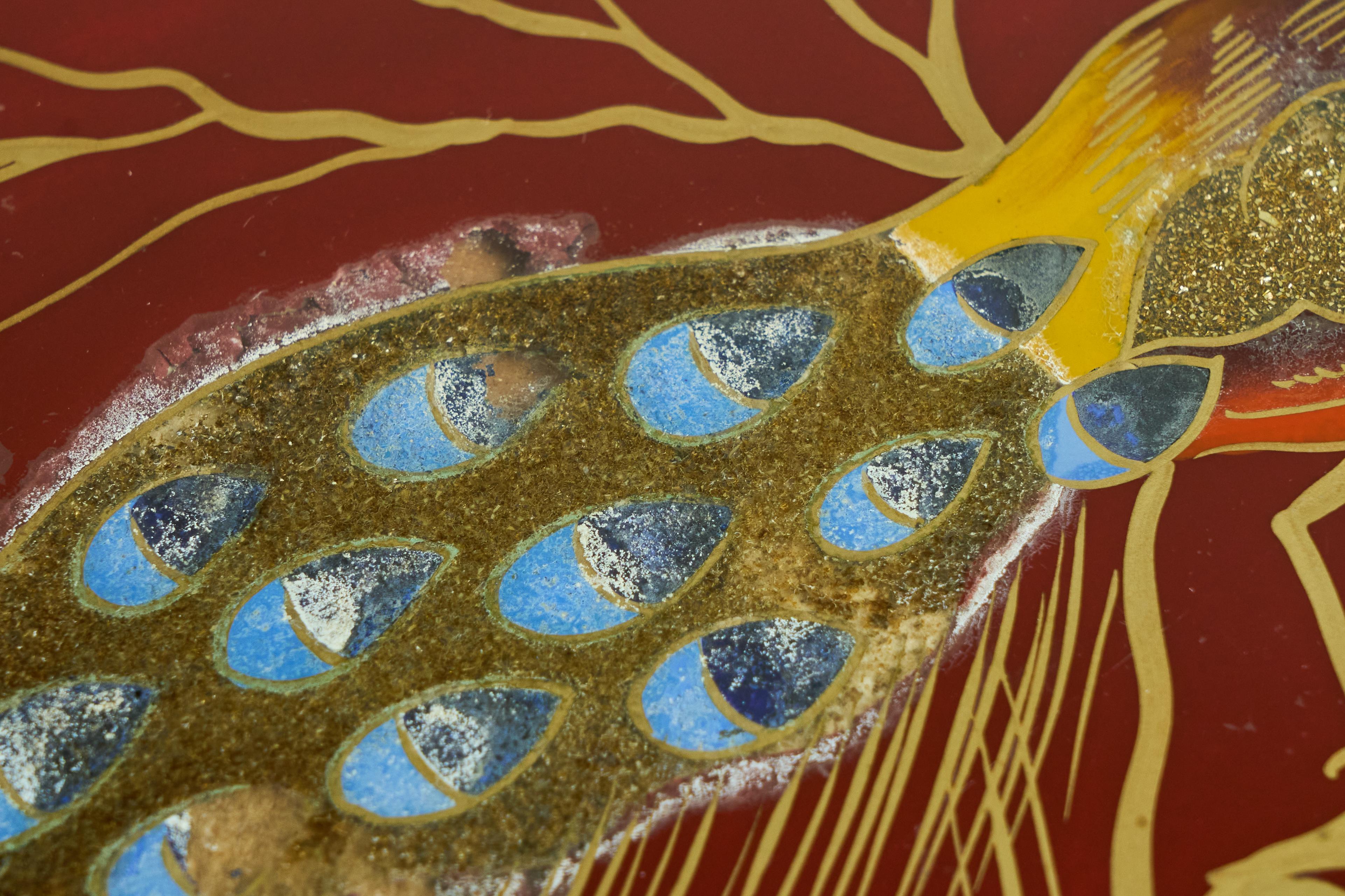 20th Century Art Deco Tray in Verre Églomisé, Wood and Brass with Peacock For Sale