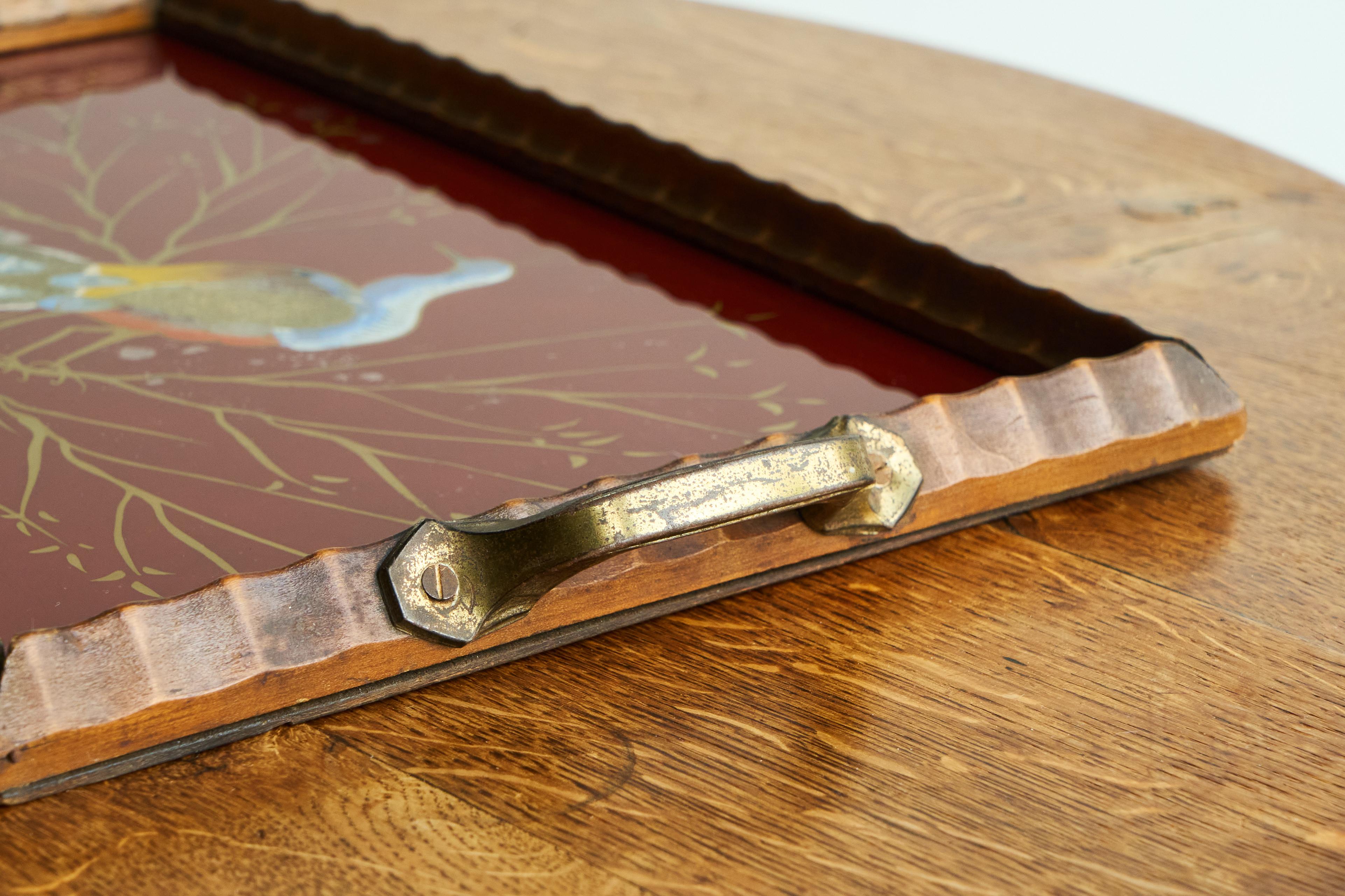 Art Deco Tray in Verre Églomisé, Wood and Brass with Peacock For Sale 1