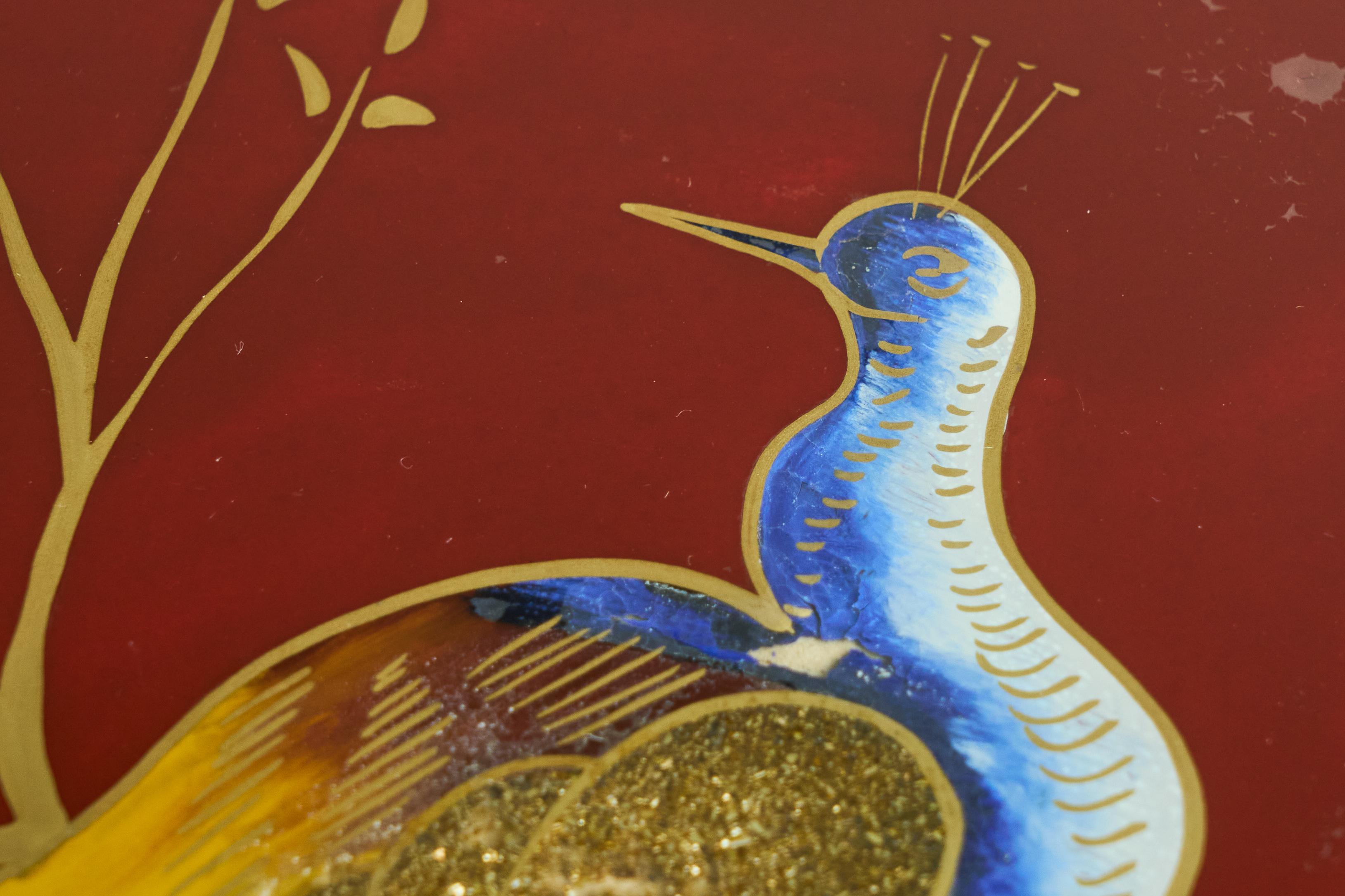 Art Deco Tray in Verre Églomisé, Wood and Brass with Peacock For Sale 2