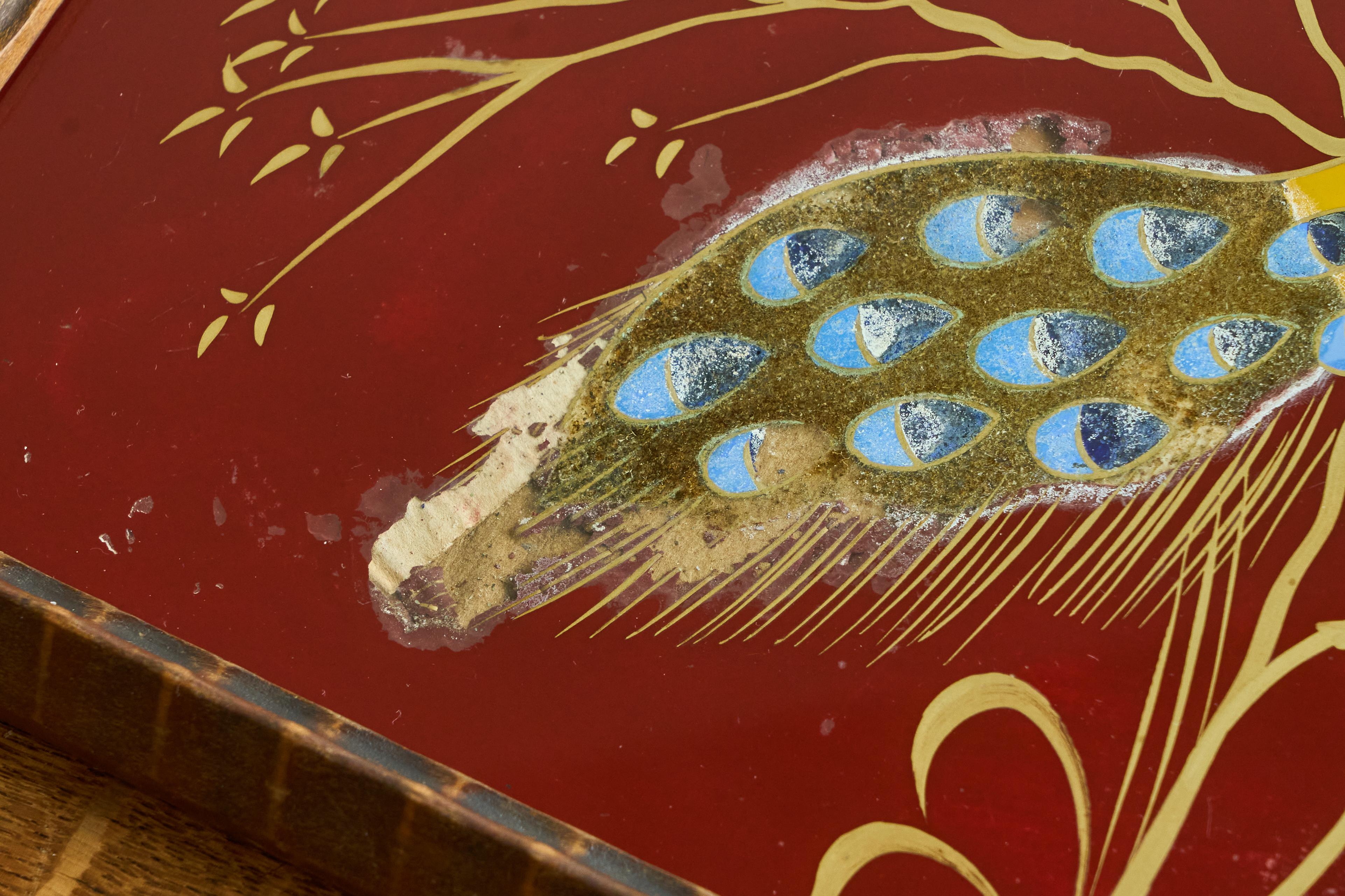Art Deco Tray in Verre Églomisé, Wood and Brass with Peacock For Sale 3