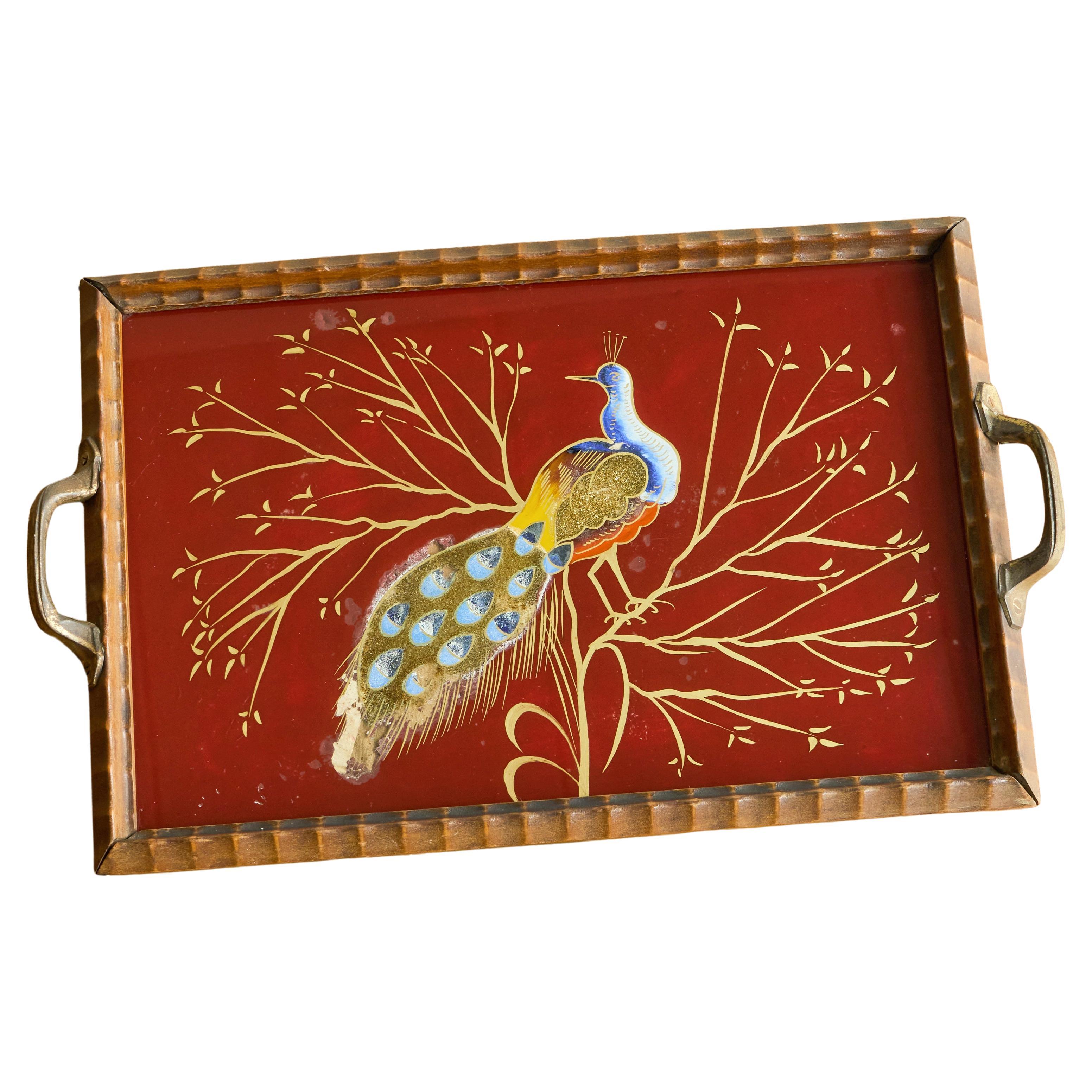 Art Deco Tray in Verre Églomisé, Wood and Brass with Peacock For Sale