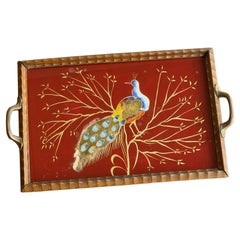 Art Deco Tray in Verre Églomisé, Wood and Brass with Peacock