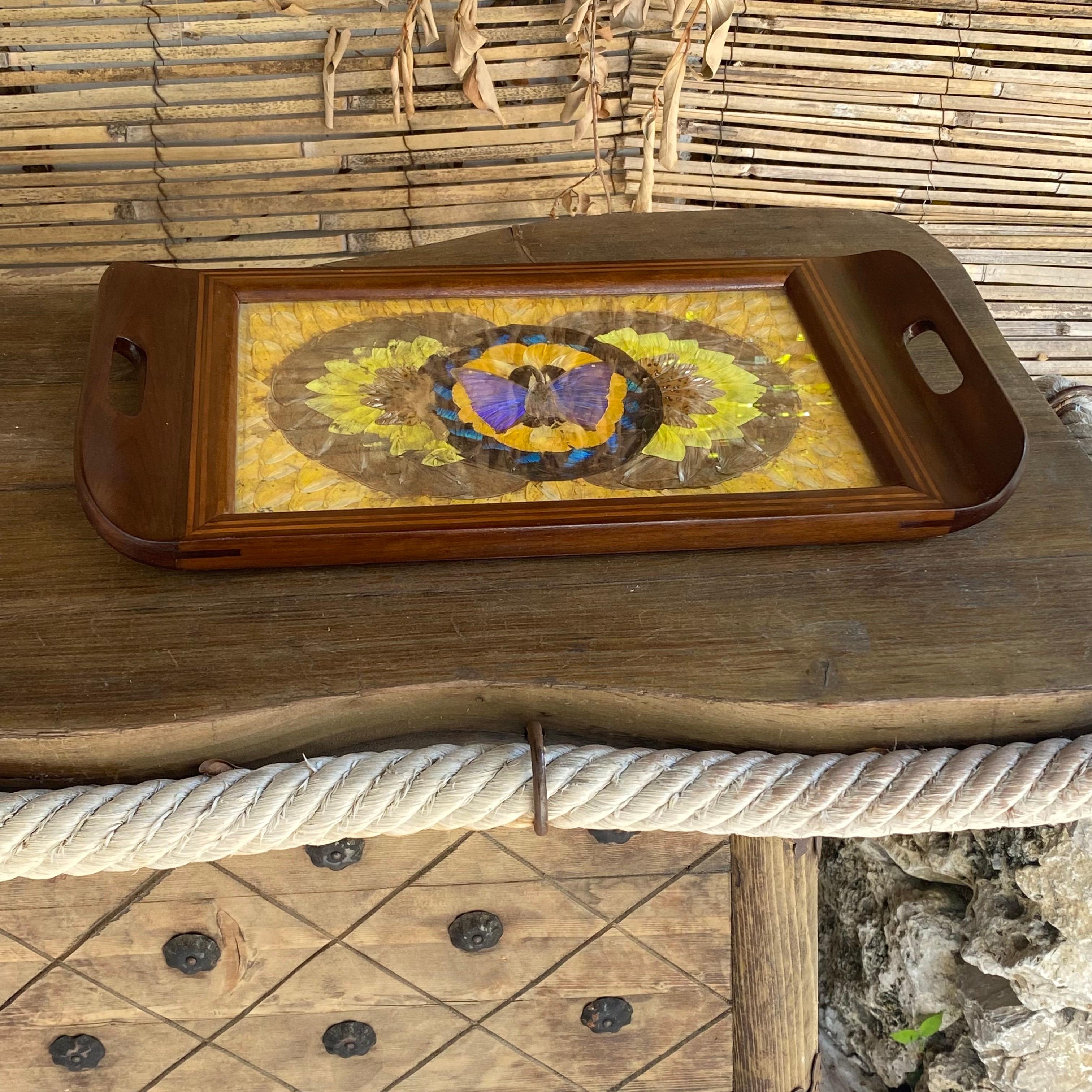 This tray is done in wood, and the top is decorated with butterfly wings. It has been made in France in the 1930s.