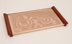Art Deco Tray with Amber Phenolic Handles and Geometric Peach Mirror by Kaymet