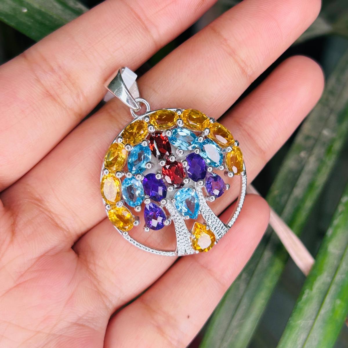Mixed Cut Art Deco Style Tree of Life Circle Multi Gemstone Pendant for Graduation Gift For Sale