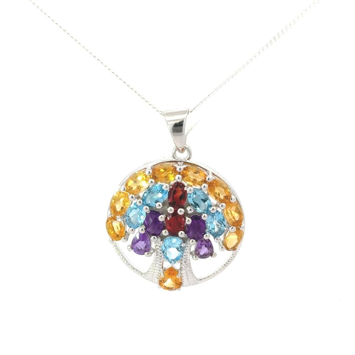 Women's Art Deco Style Tree of Life Circle Multi Gemstone Pendant for Graduation Gift For Sale