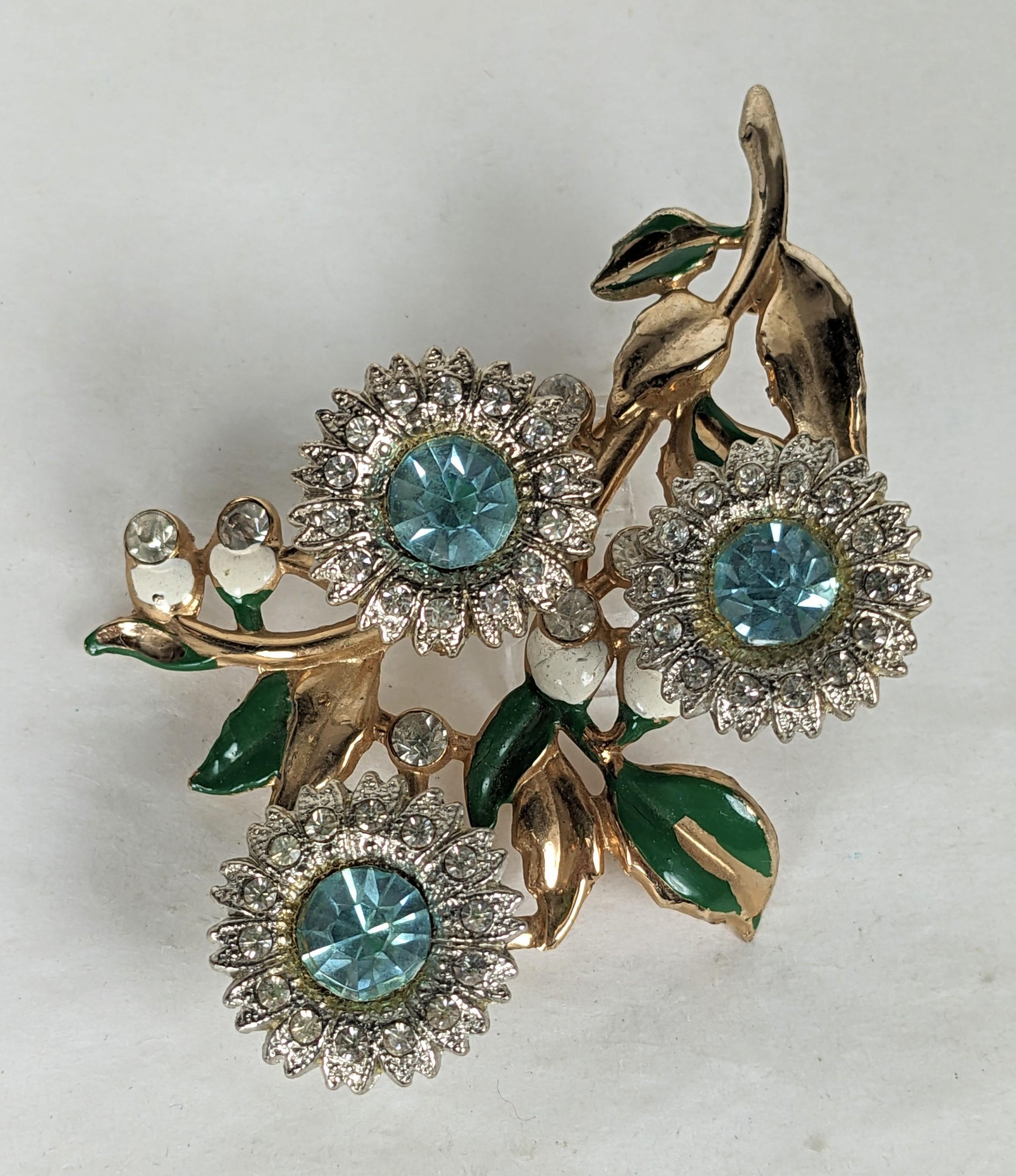Art Deco Tremblant Flower Brooch from the 1930's highlighted with aqua pastes, crystal pave and enamel. Flowers are set in springs to tremble with wearer, most likely made by Coro. 3