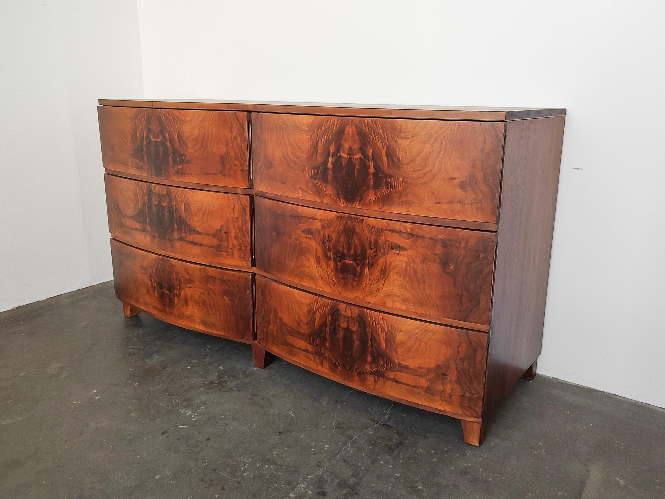 American Art Deco Tri-Bond Furniture Flame Walnut Burl 6 Drawer Lowboy Dresser 1930s