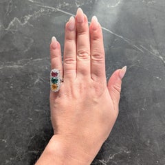 Art Deco Tri-Color Tourmaline Topaz Diamond Platinum Vintage Dinner Ring