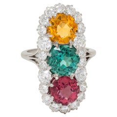 Art Deco Tri-Color Tourmaline Topaz Diamond Platinum Vintage Dinner Ring