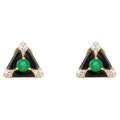 Art Deco Triangle Earring in 14K Yellow Gold with Emerald Diamond & Black Enamel