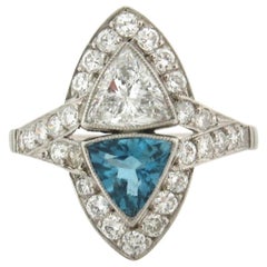 Art Deco Style Triangular .70 C Diamonds Aquamarine Platinum Ring