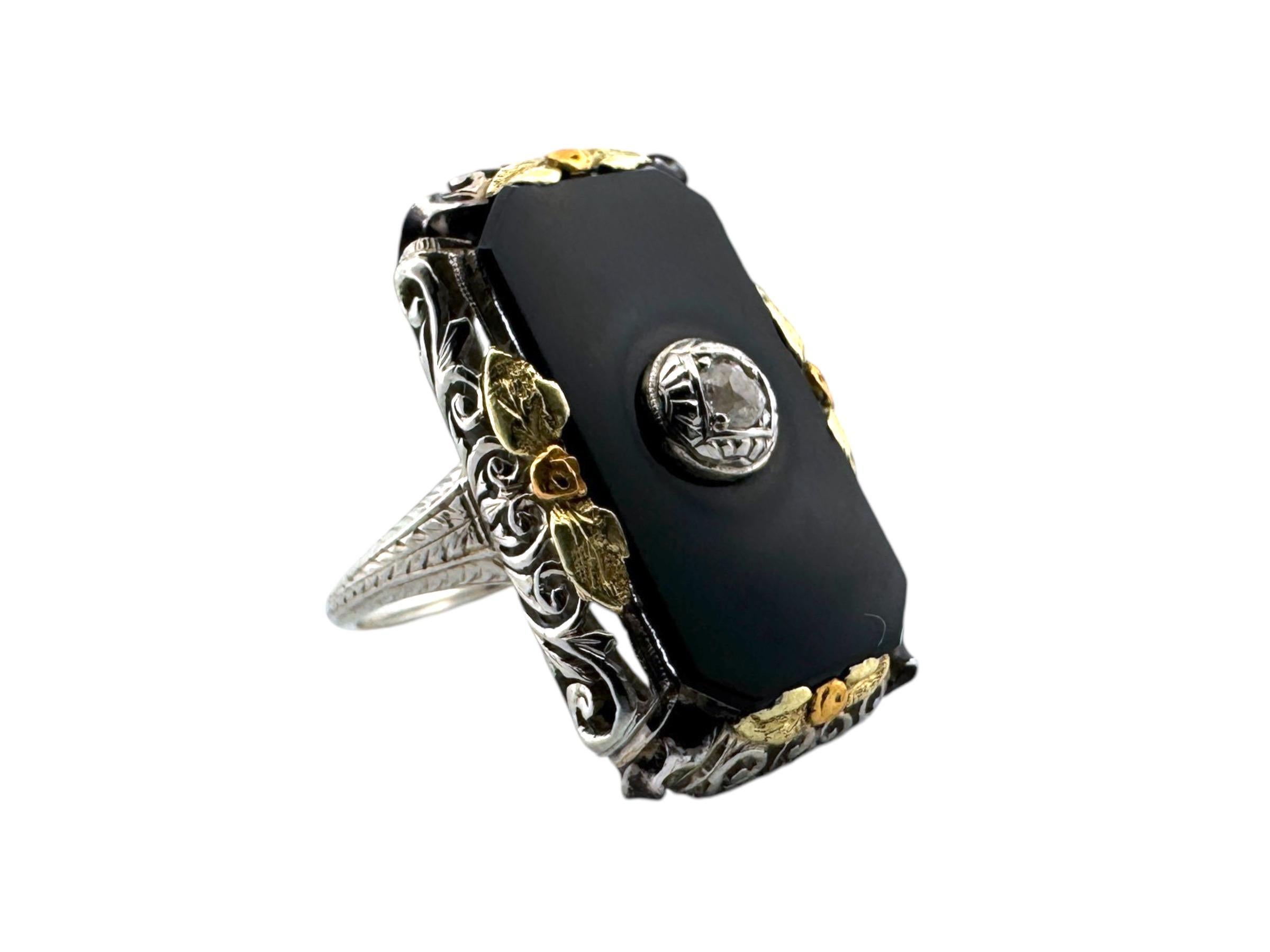 Old European Cut Art Deco TriGold Onyx & Diamond Cocktail Ring 18K For Sale