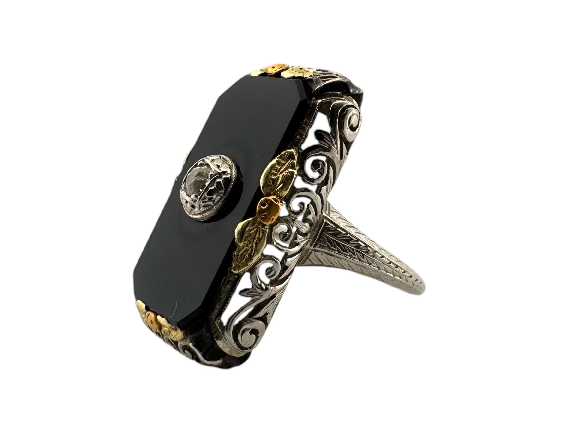 Women's Art Deco TriGold Onyx & Diamond Cocktail Ring 18K For Sale