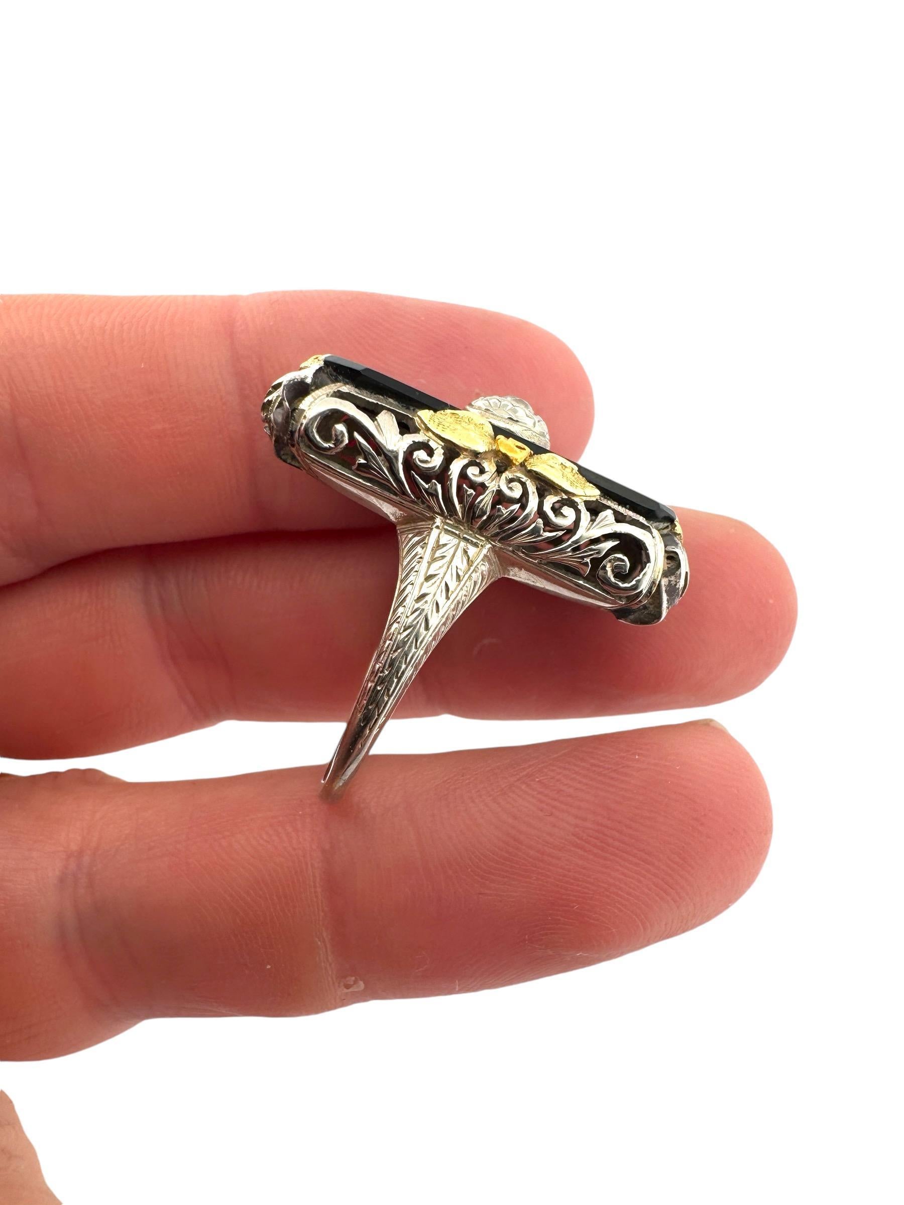 Art Deco TriGold Onyx & Diamond Cocktail Ring 18K For Sale 3