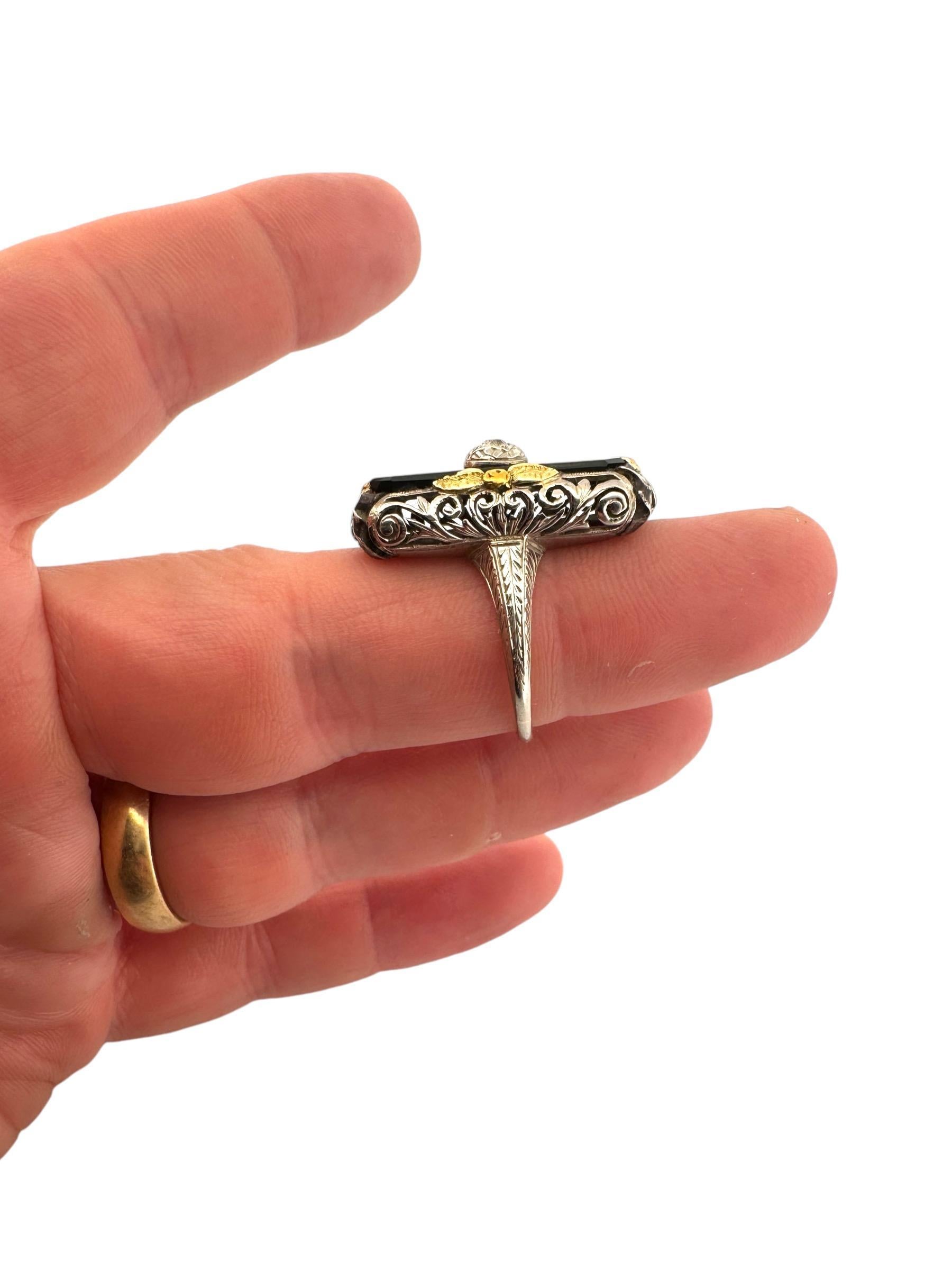 Art Deco TriGold Onyx & Diamond Cocktail Ring 18K For Sale 4