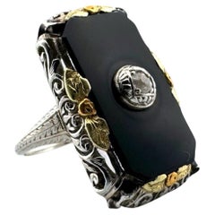 Art Deco Tri Gold Onyx & Diamant Cocktail-Ring 18K