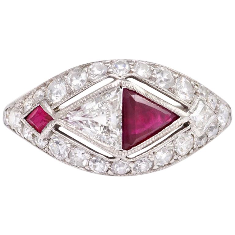 Art Deco Trilliant-Cut Ruby and Diamond Ring in Platinum