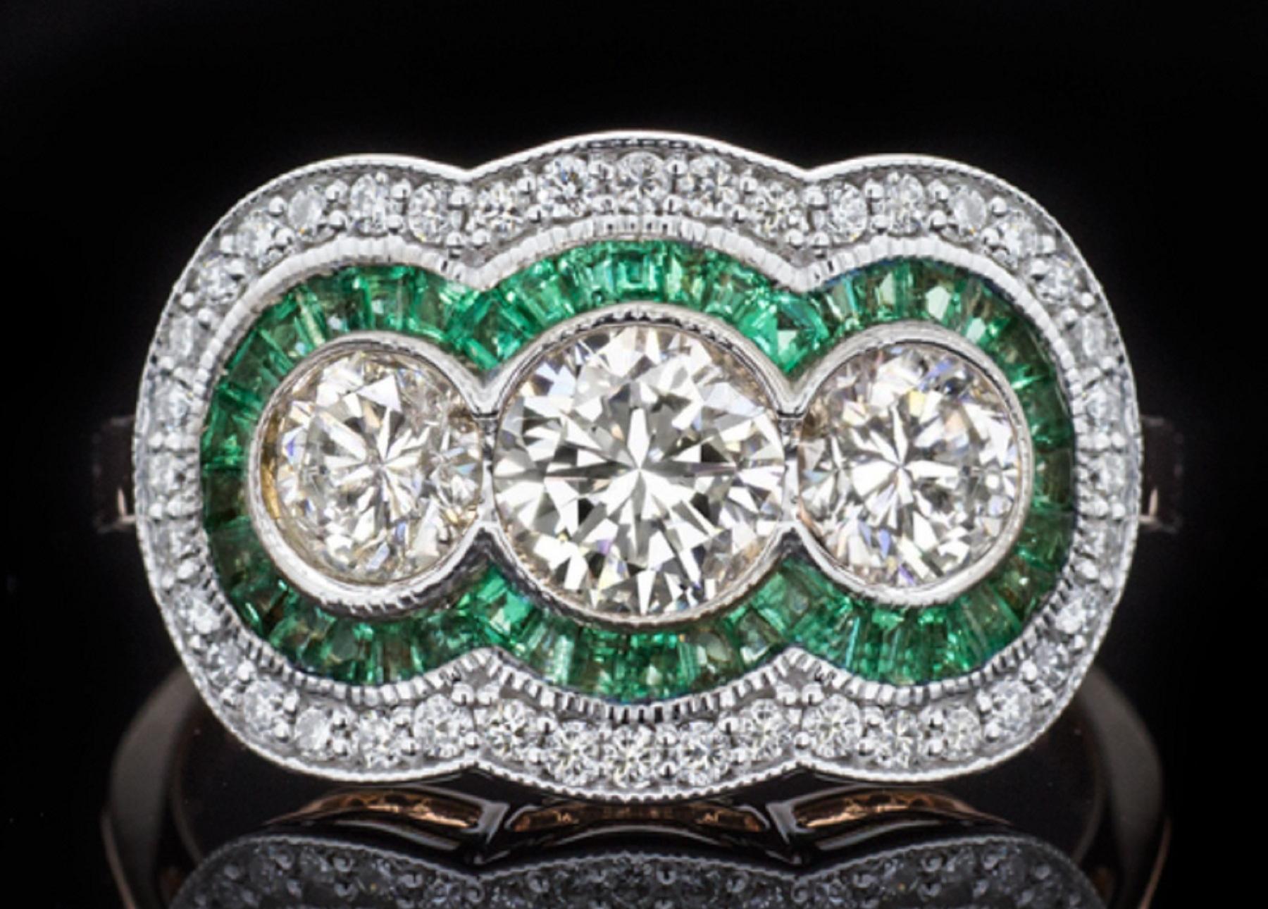 Round Cut Art Deco Style Trilogy Diamond Emeralds 2 Carat Gold Ring