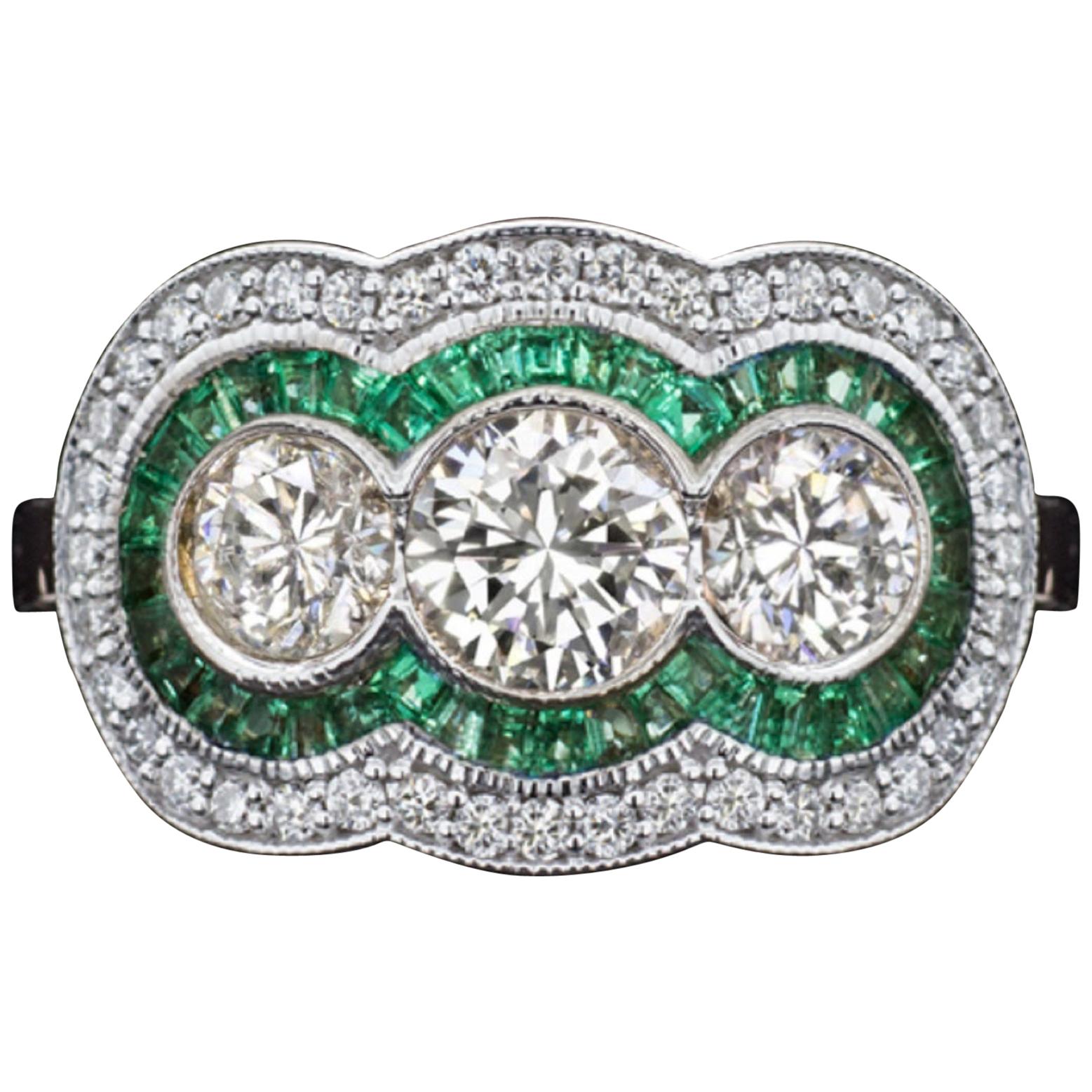 Art Deco Style Trilogy Diamond Emeralds 2 Carat Gold Ring