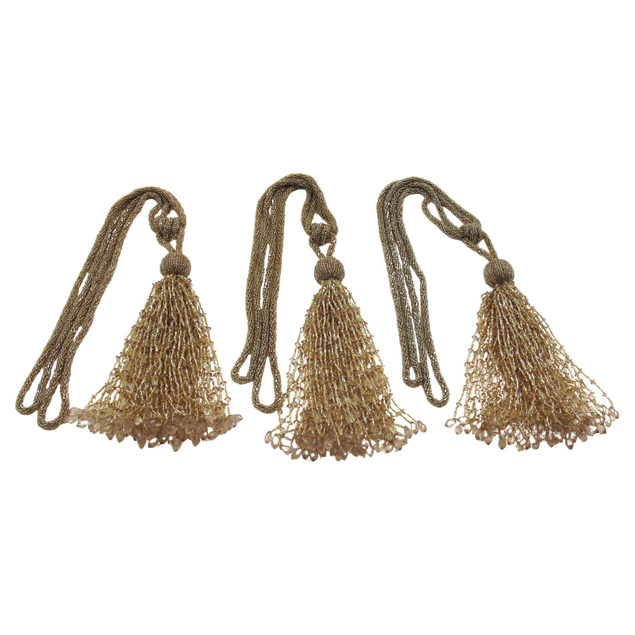 Art Deco Trio of Crystal Beads Curtain Tassel Tiebacks Retainers, circa 1930 For Sale