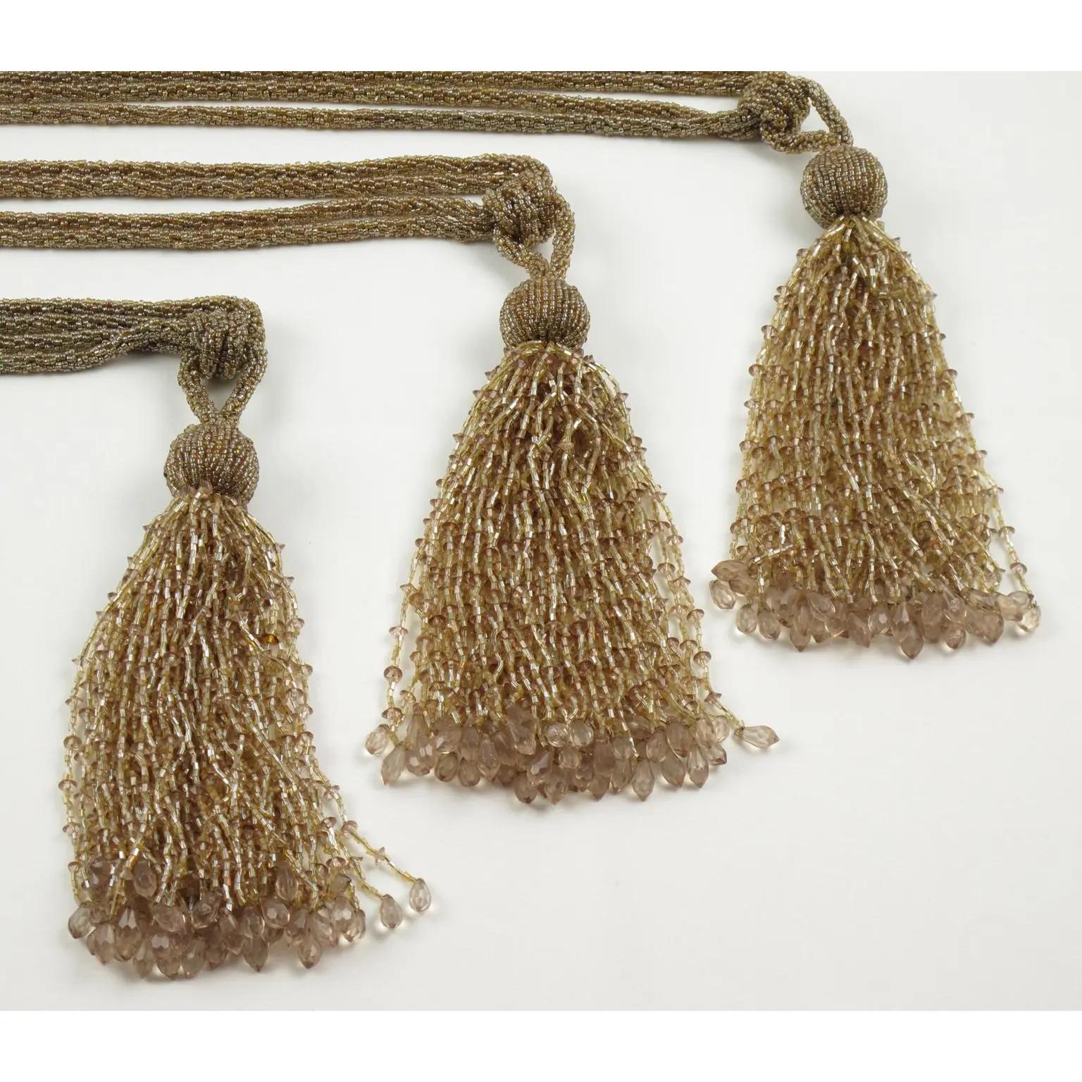 French Art Deco Trio of Crystal Beads Curtain Tassel Tiebacks Retainers For Sale